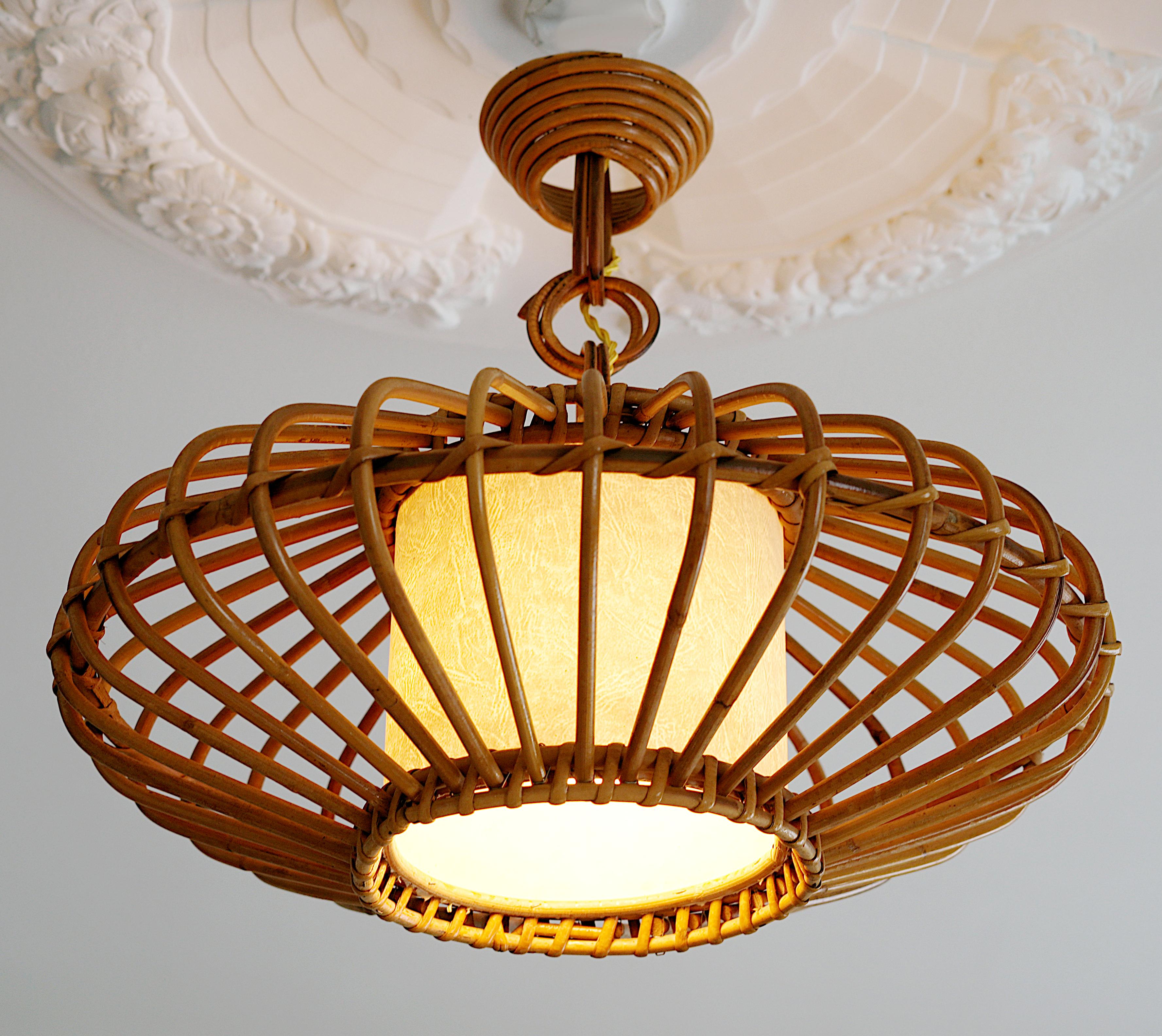 Louis SOGNOT Bamboo Pendant Lantern Chandelier, 1950s For Sale 4