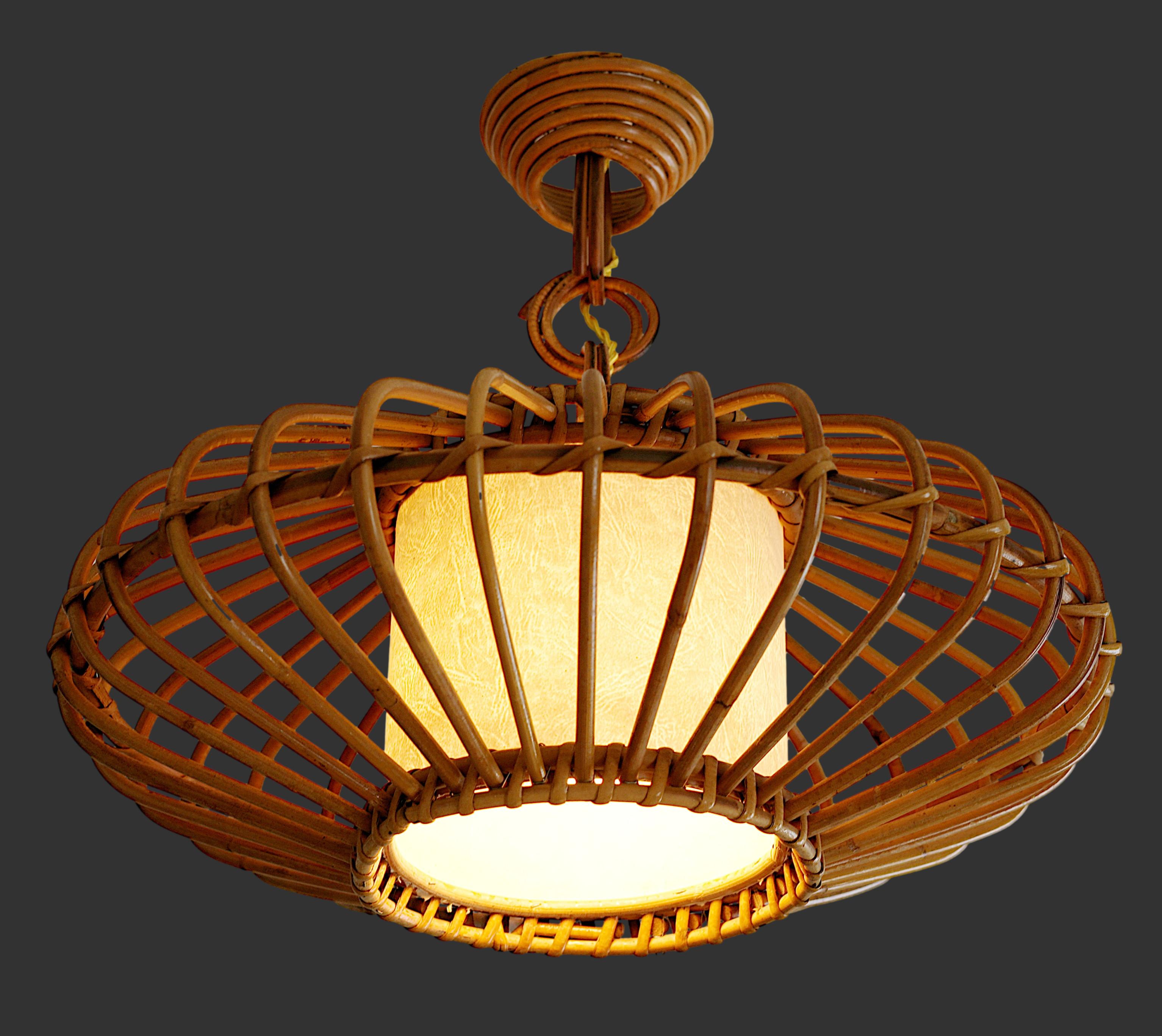 Louis SOGNOT Bamboo Pendant Lantern Chandelier, 1950s For Sale 8