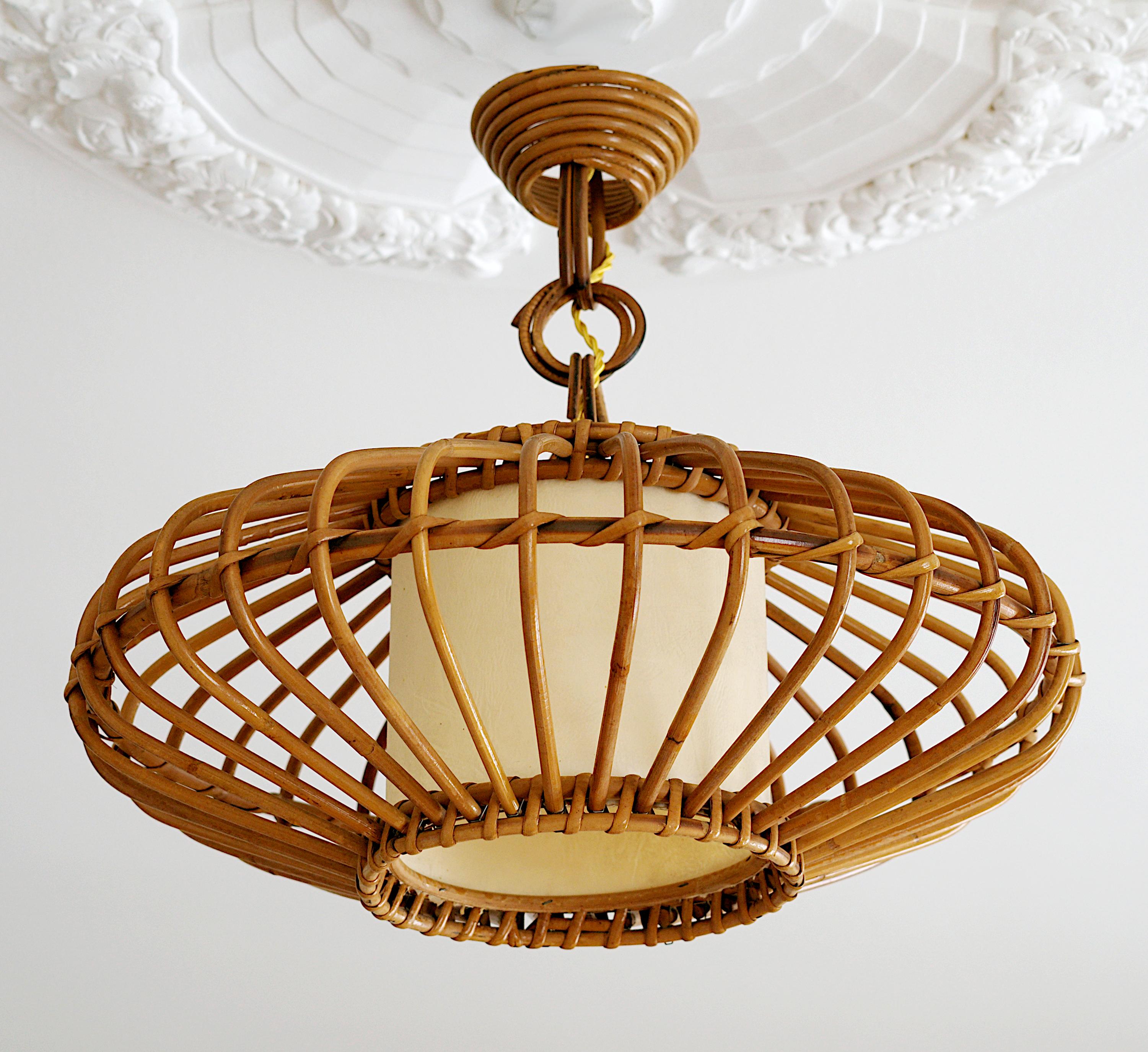 Mid-Century Modern Louis SOGNOT Bamboo Pendant Lantern Chandelier, 1950s For Sale