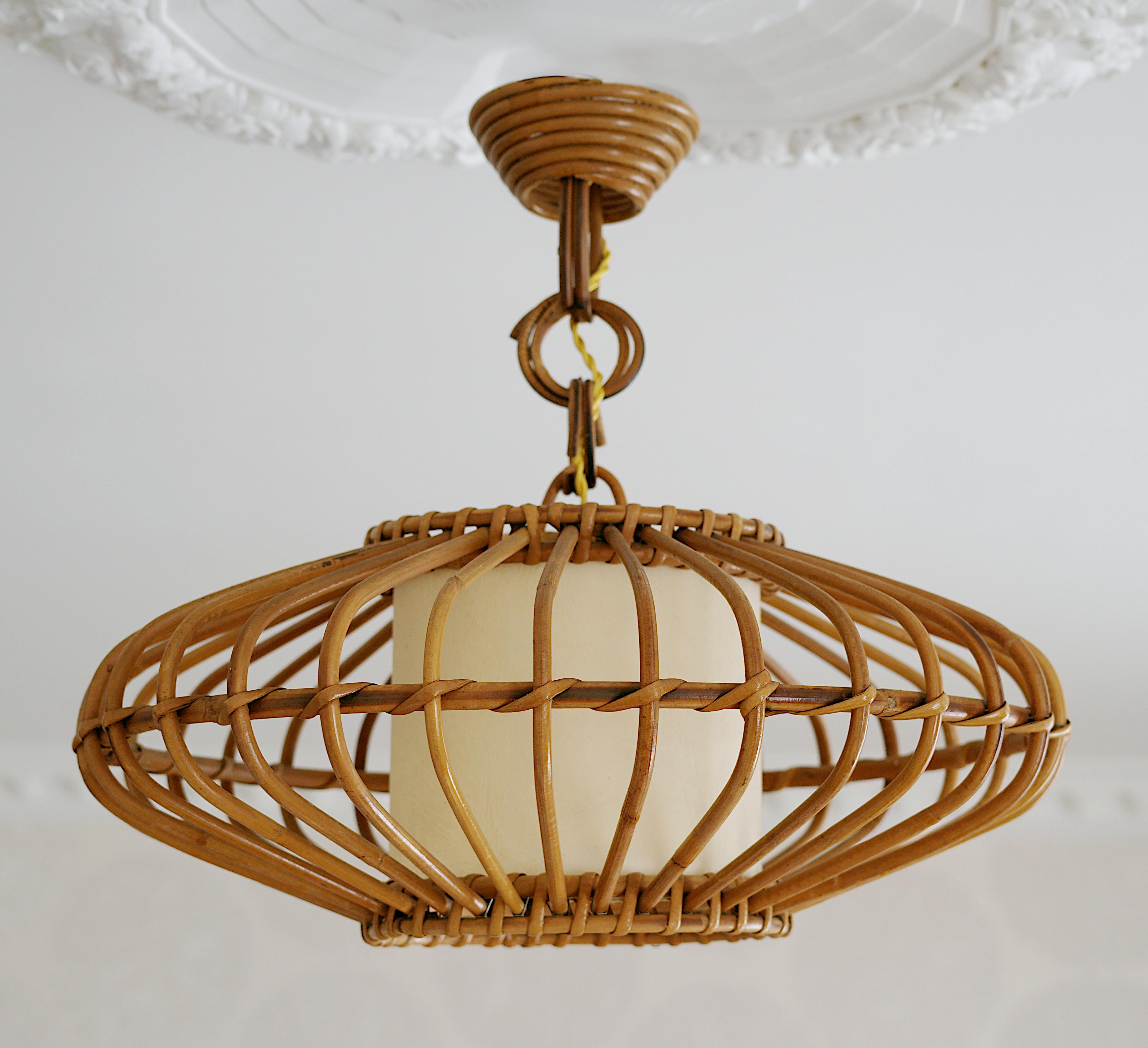 French Louis SOGNOT Bamboo Pendant Lantern Chandelier, 1950s For Sale