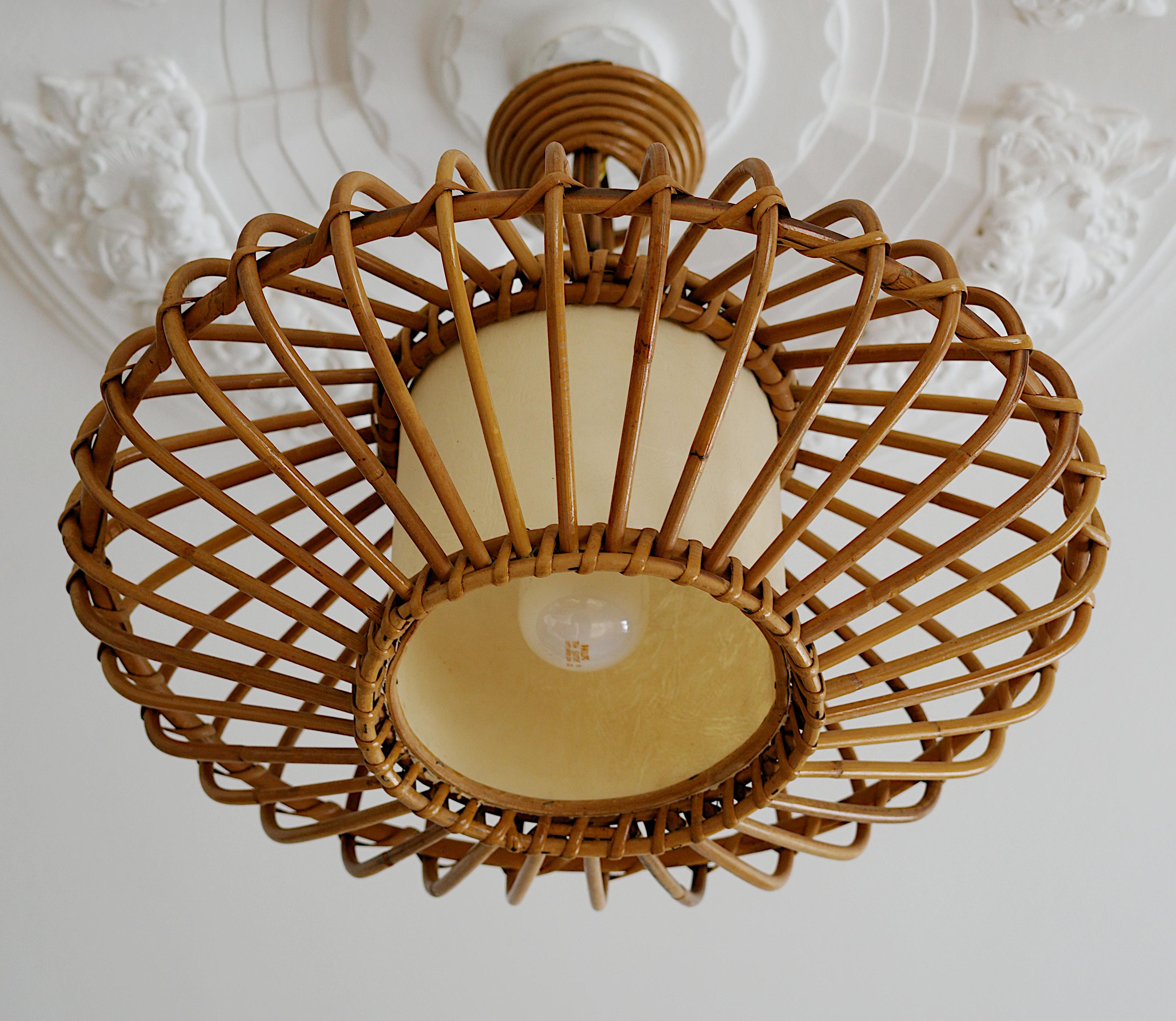 Mid-20th Century Louis SOGNOT Bamboo Pendant Lantern Chandelier, 1950s For Sale