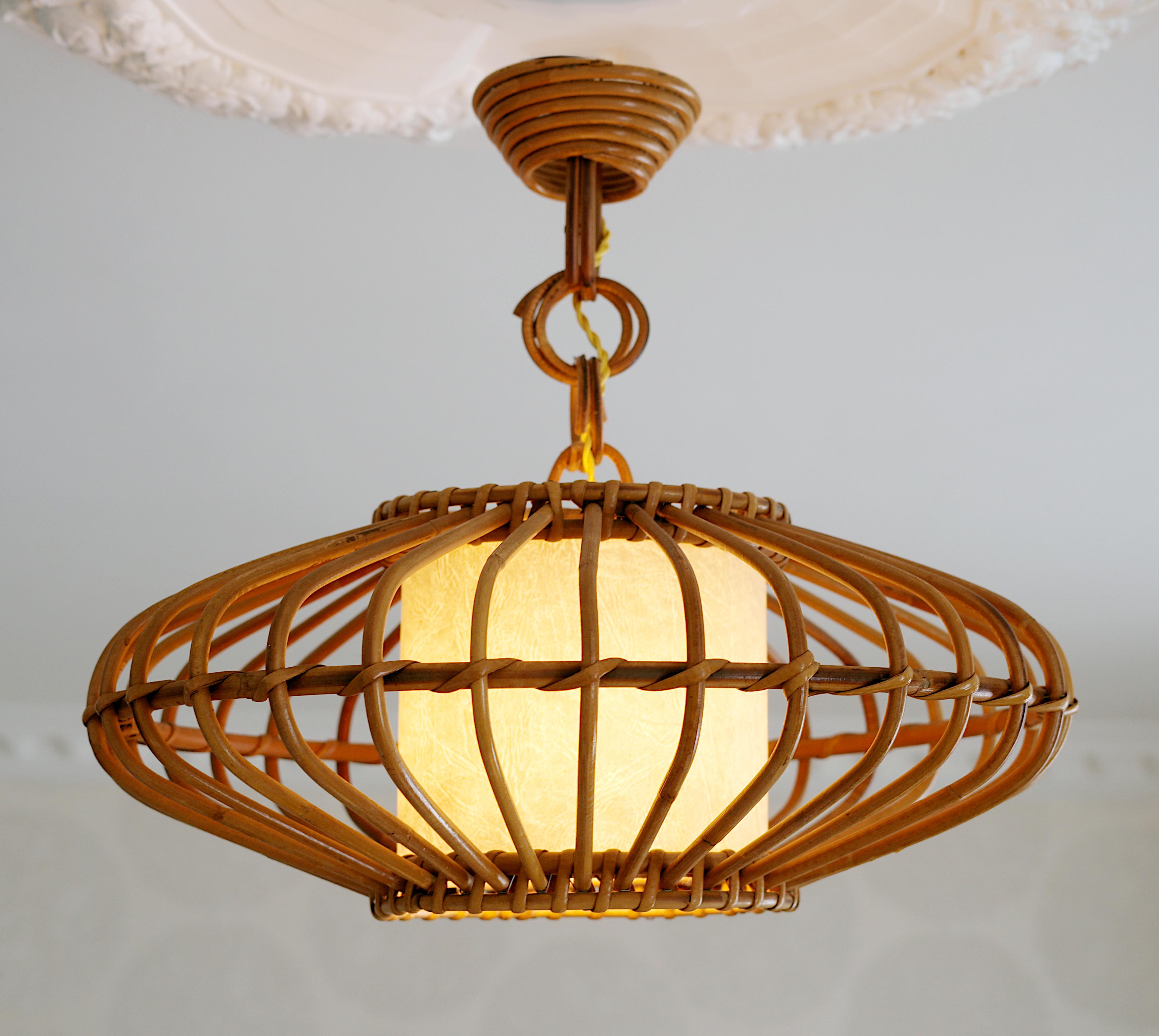 Louis SOGNOT Bamboo Pendant Lantern Chandelier, 1950s For Sale 2