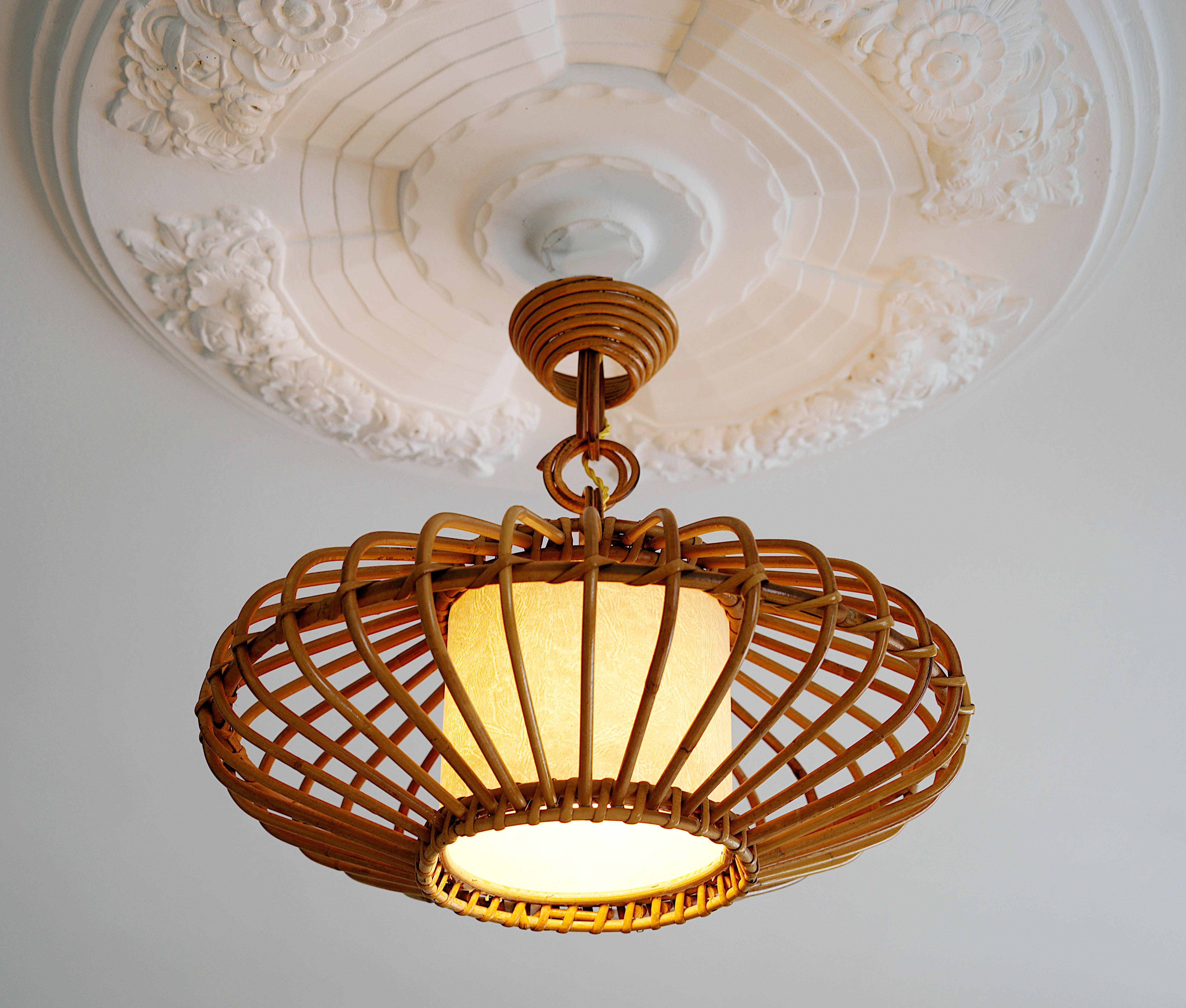 Louis SOGNOT Bamboo Pendant Lantern Chandelier, 1950s For Sale 3