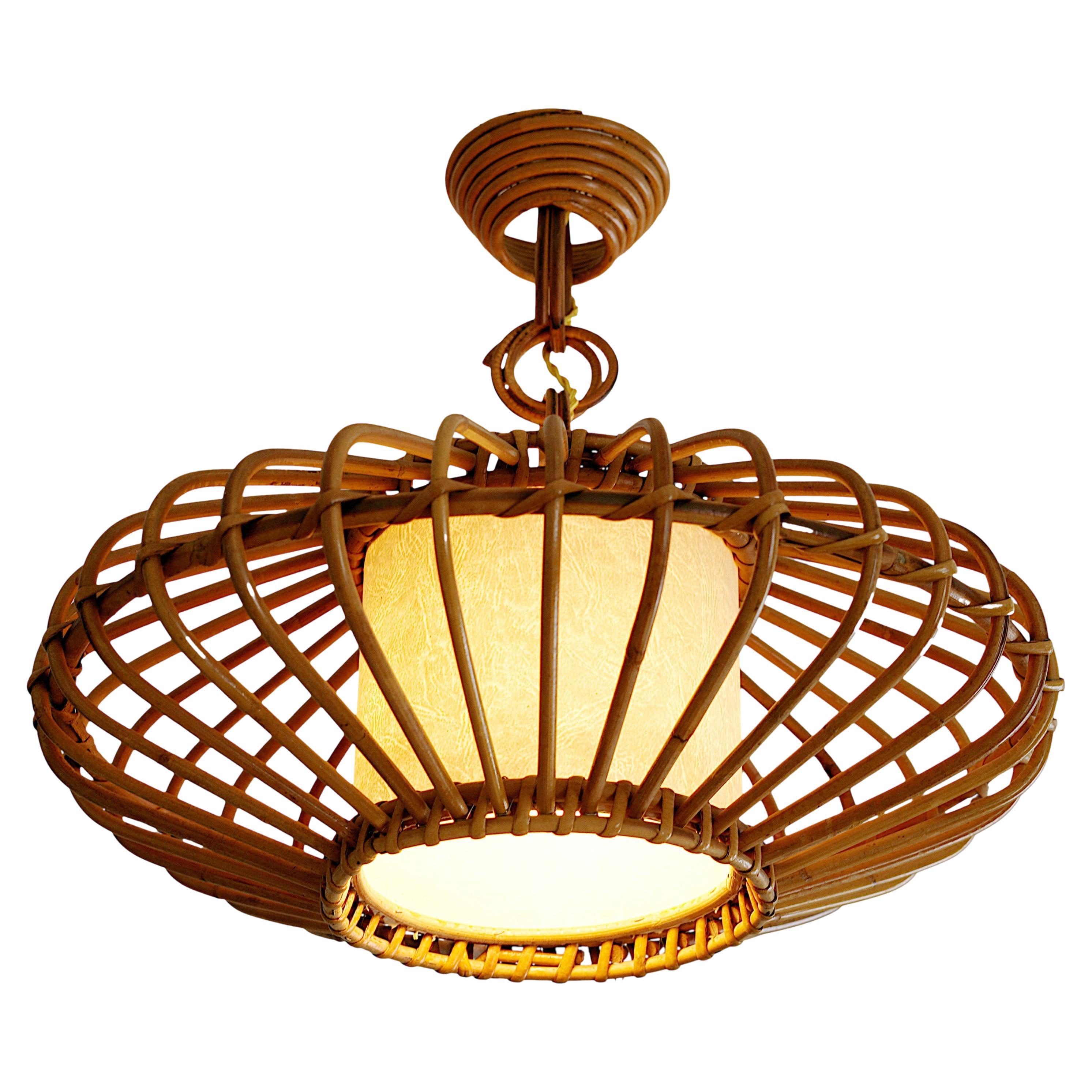 Louis SOGNOT Bamboo Pendant Lantern Chandelier, 1950s For Sale