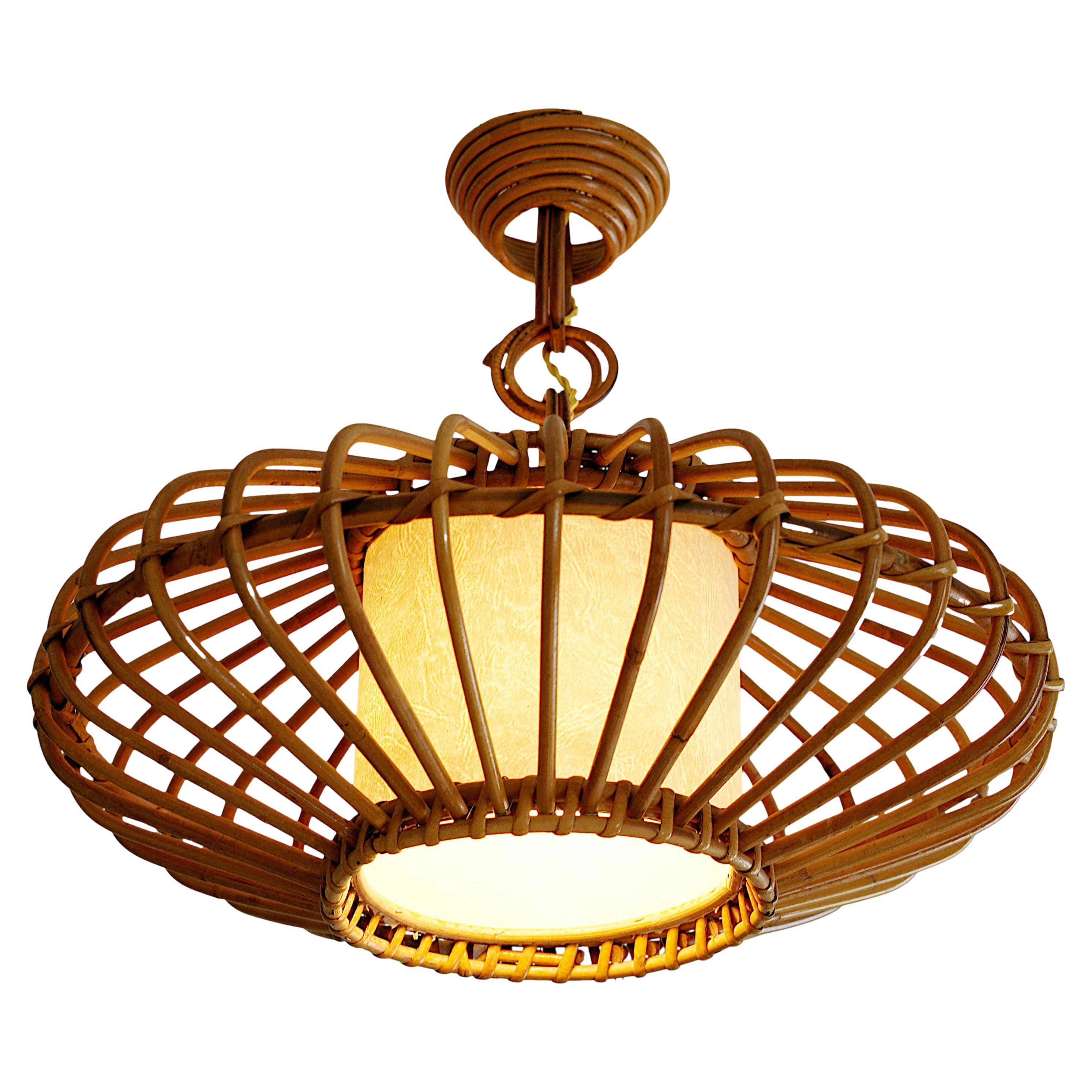 Louis SOGNOT Bamboo Pendant Lantern Chandelier, 1950s