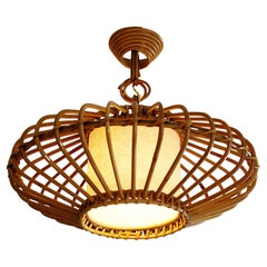 Retro Louis SOGNOT Bamboo Pendant Lantern Chandelier, 1950s