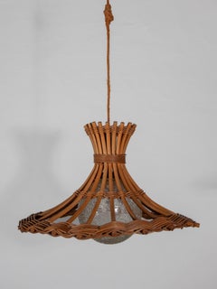 Louis Sognot Bamboo Rattan Pendant Lantern with Glass Globe, France, 1950s