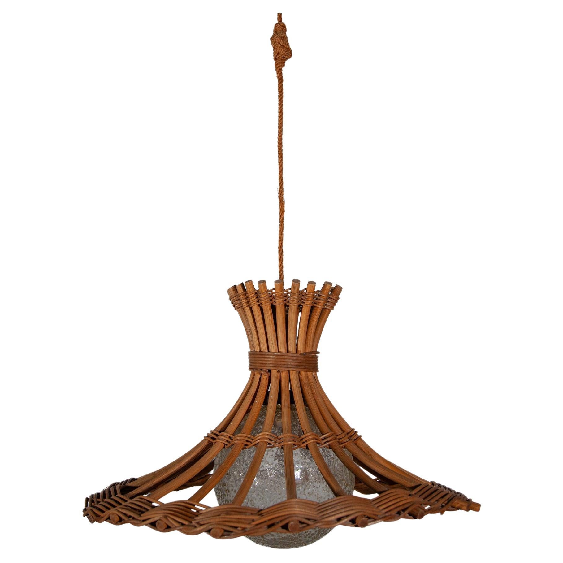 Louis Sognot Bamboo Rattan Pendant Lantern with Glass Globe, France, 1950s