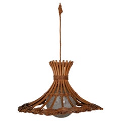Louis Sognot Bamboo Rattan Pendant Lantern with Glass Globe, France, 1950s
