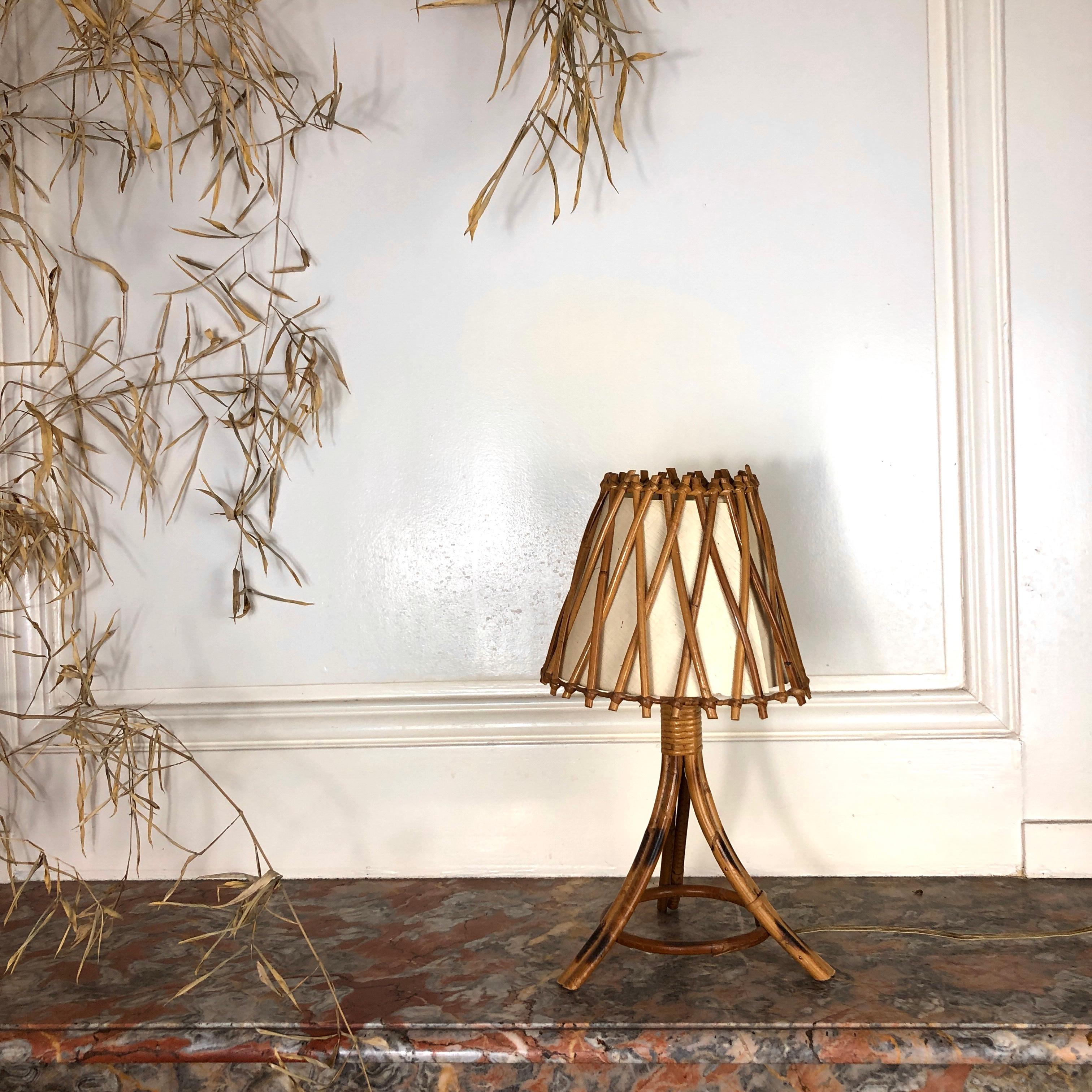 Mid-20th Century Louis Sognot Bamboo Rattan Table Lamp