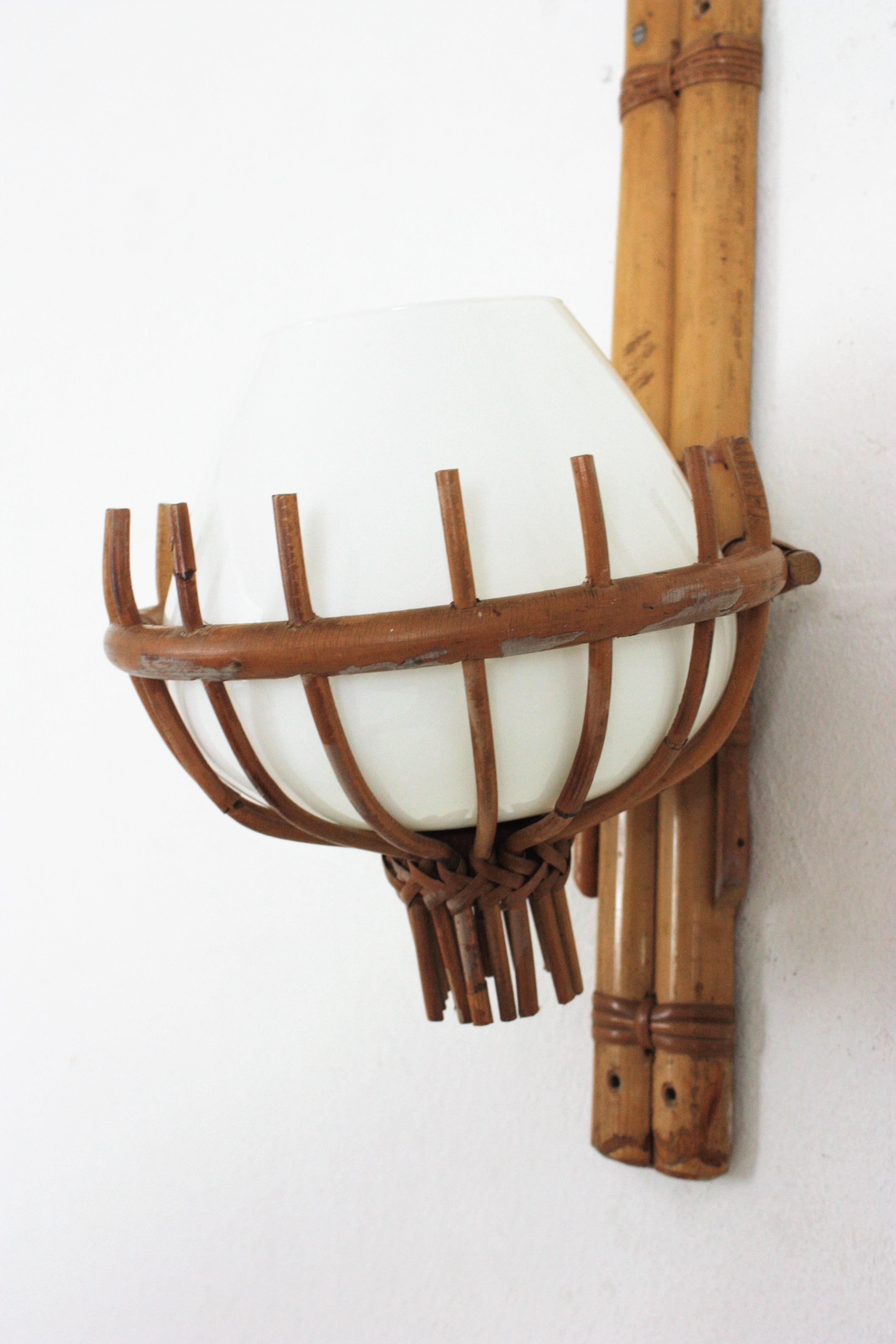Louis Sognot Bamboo Rattan Wall Sconce with Milk Glass Globe Shade For Sale 3