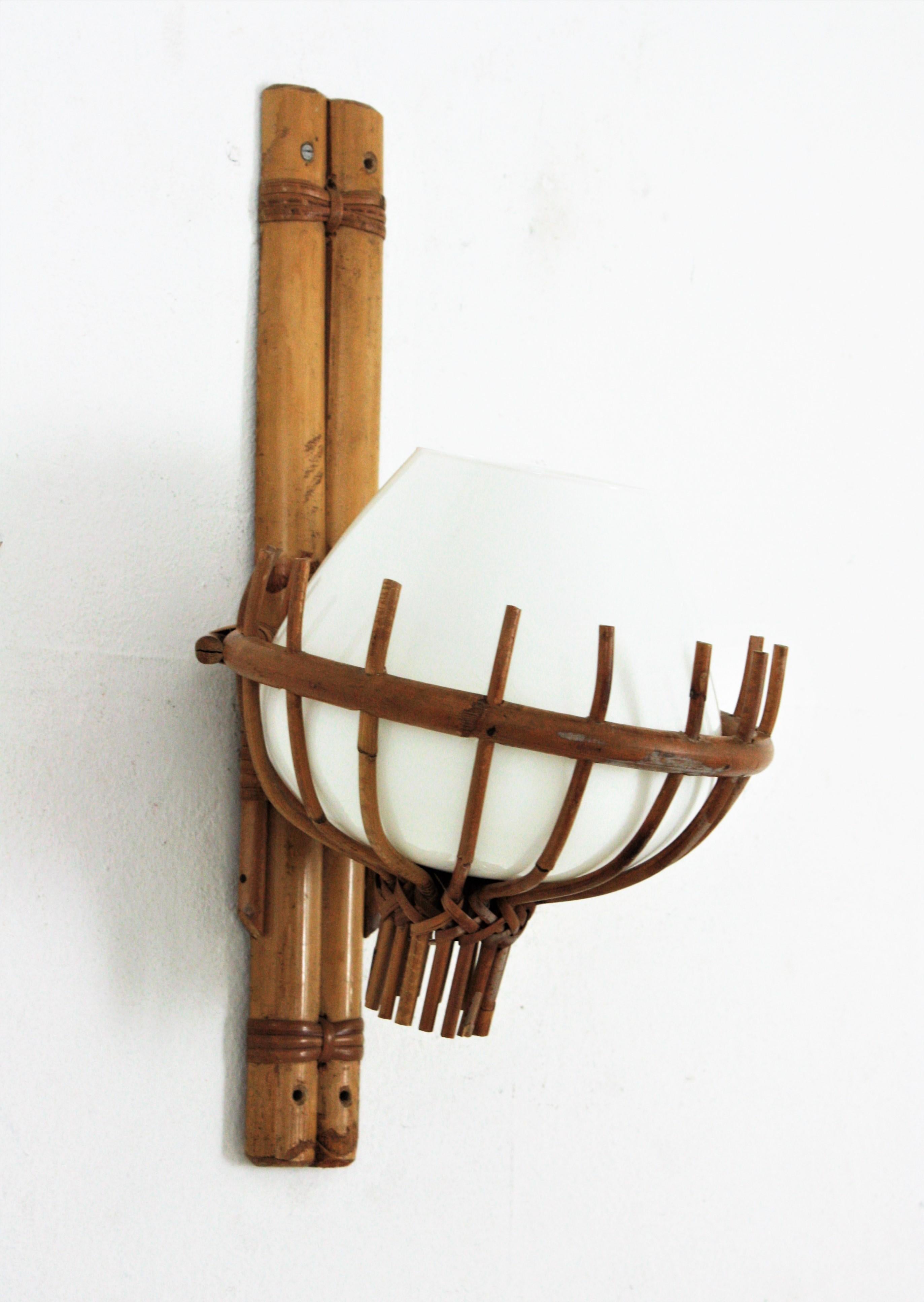 Louis Sognot Bamboo Rattan Wall Sconce with Milk Glass Globe Shade For Sale 4