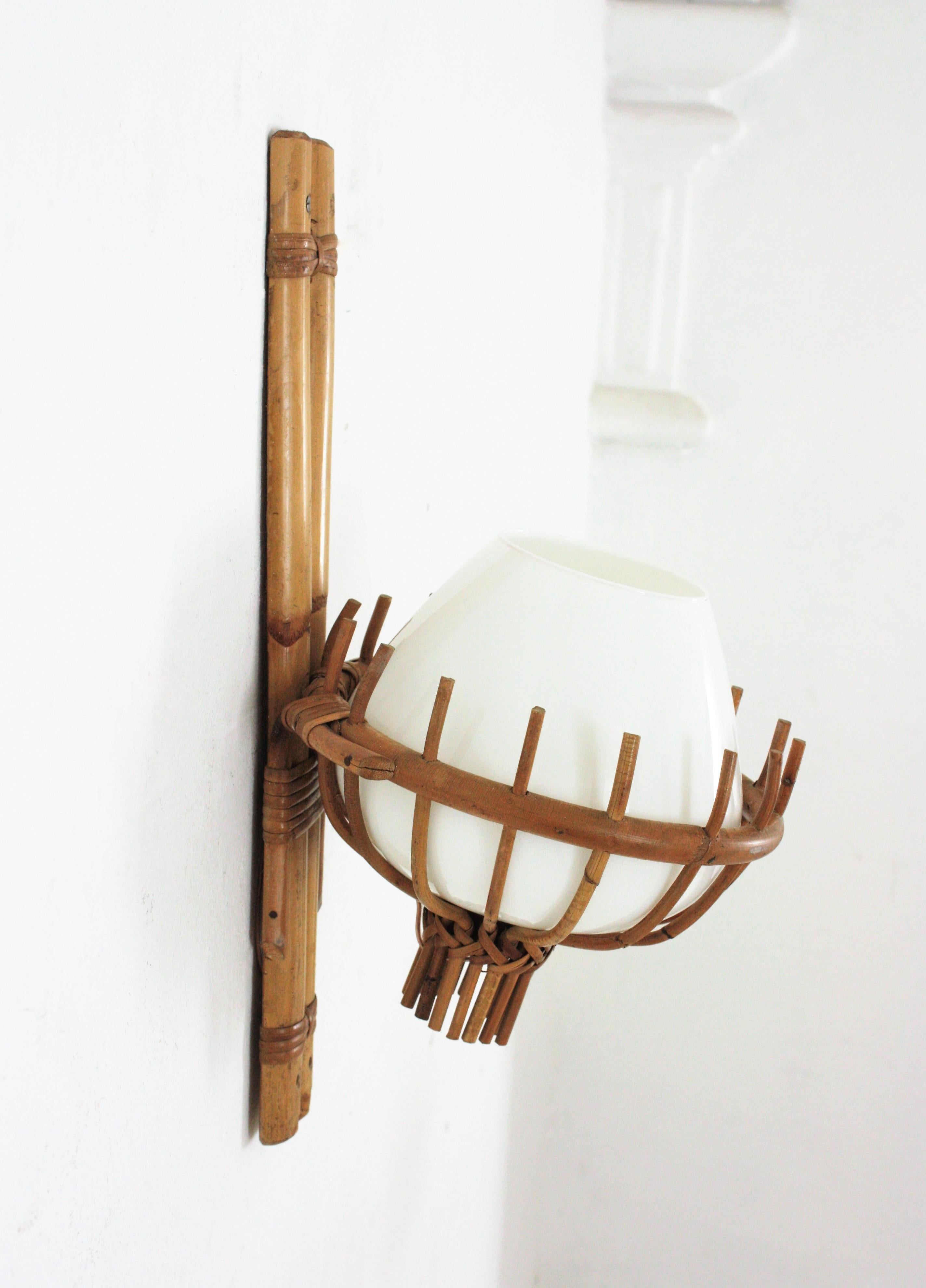 Louis Sognot Bamboo Rattan Wall Sconce with Milk Glass Globe Shade For Sale 5