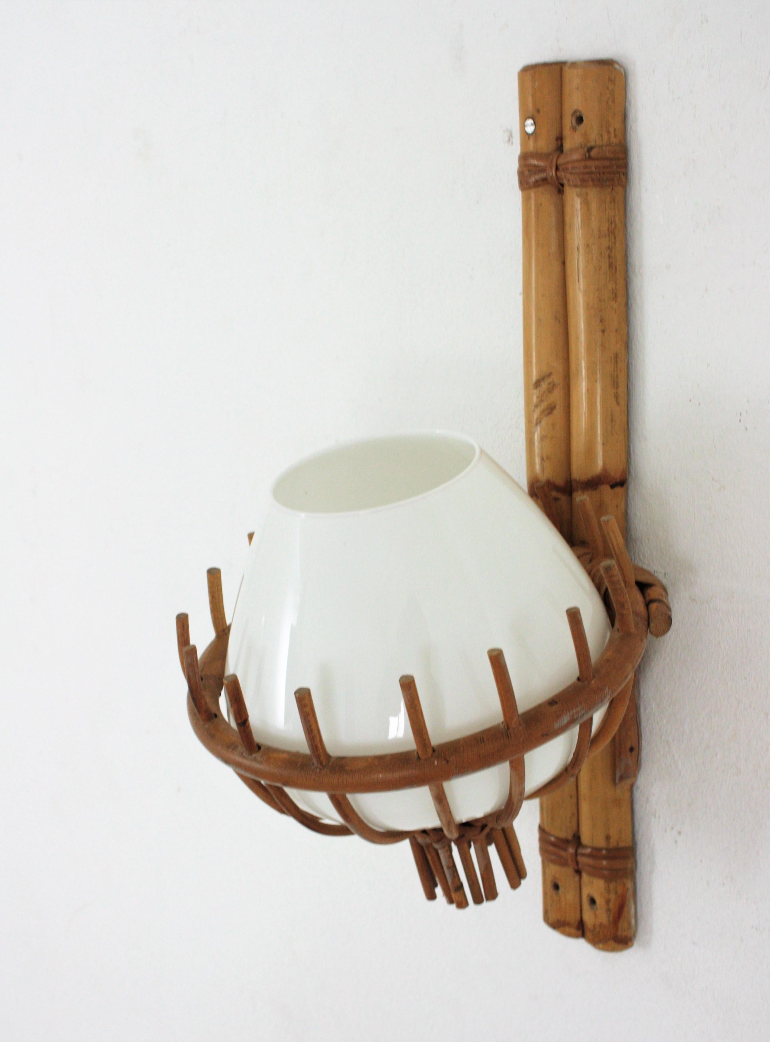 Louis Sognot Bamboo Rattan Wall Sconce with Milk Glass Globe Shade For Sale 6
