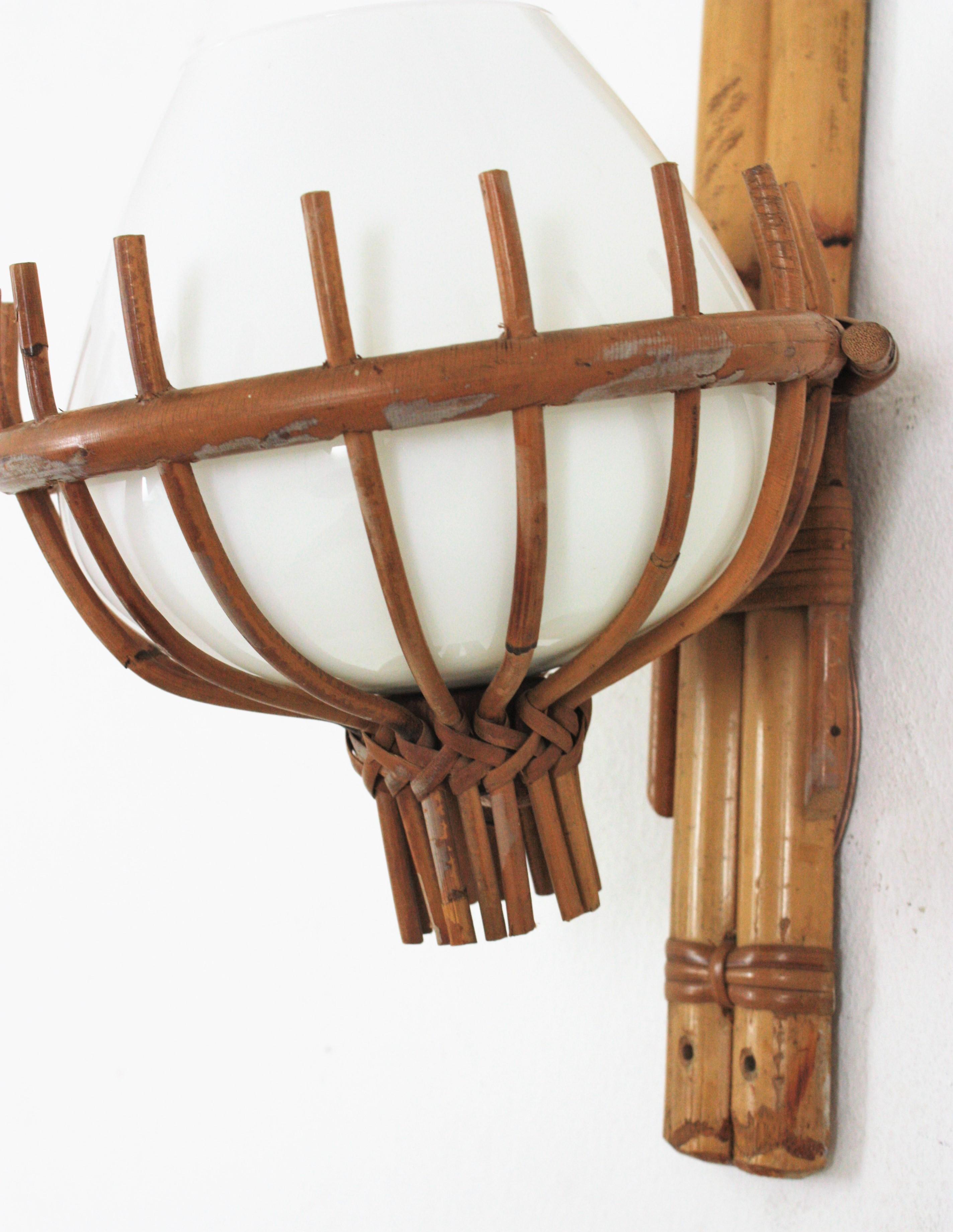 Louis Sognot Bamboo Rattan Wall Sconce with Milk Glass Globe Shade For Sale 7