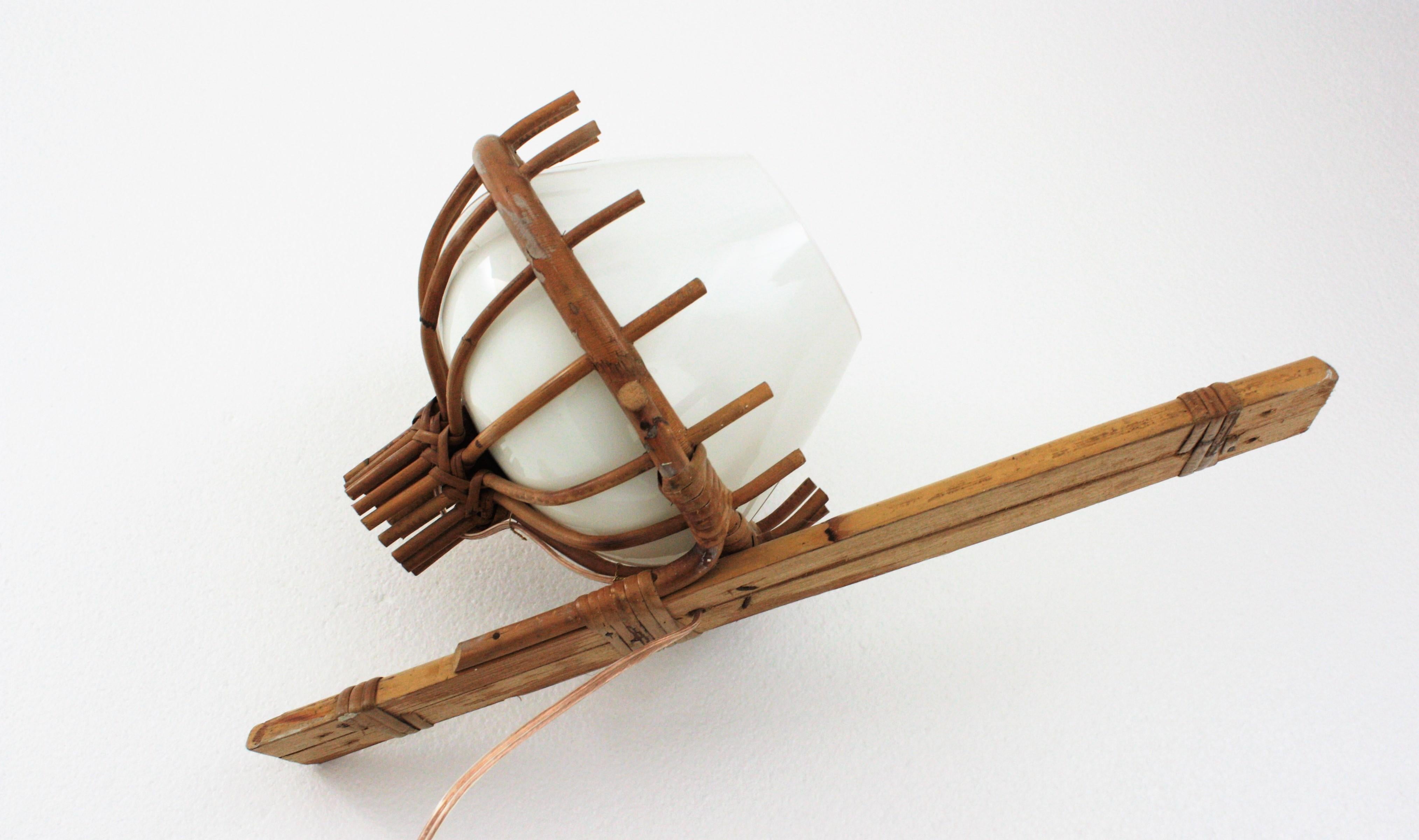 Louis Sognot Bamboo Rattan Wall Sconce with Milk Glass Globe Shade For Sale 9