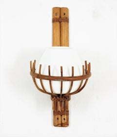 Louis Sognot Bamboo Rattan Wall Sconce with Milk Glass Globe, France 1950s