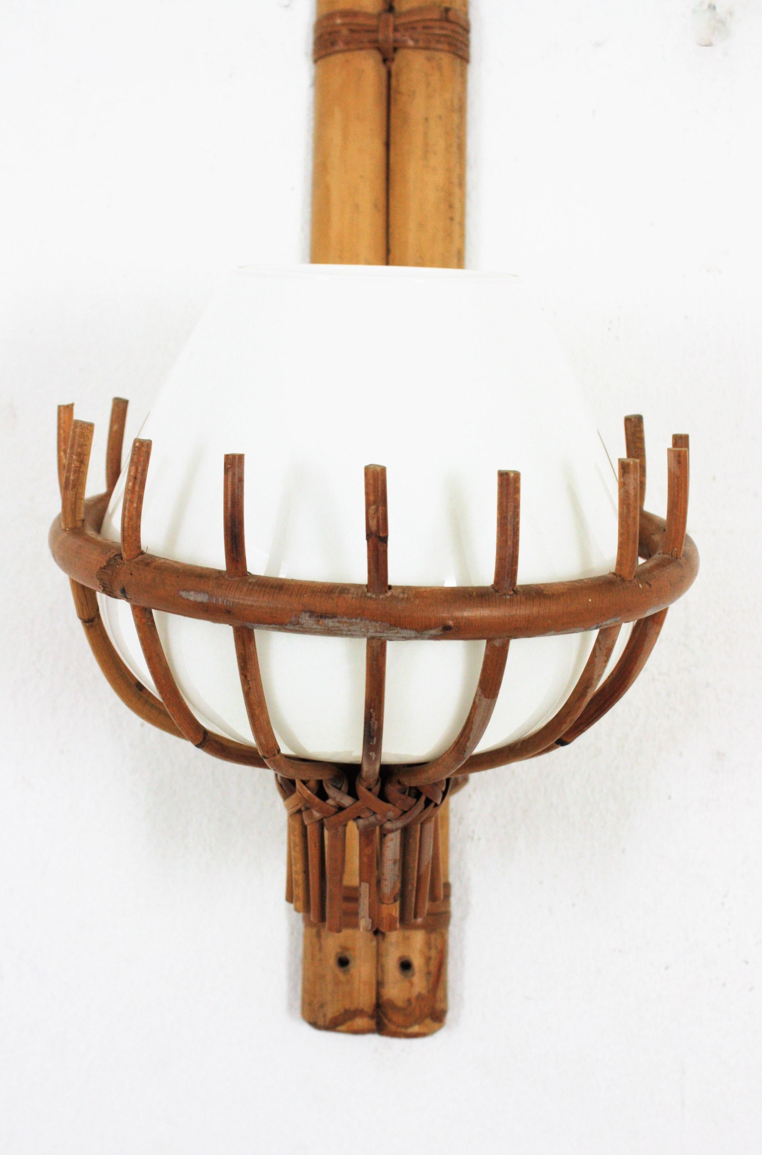 20th Century Louis Sognot Bamboo Rattan Wall Sconce with Milk Glass Globe Shade For Sale