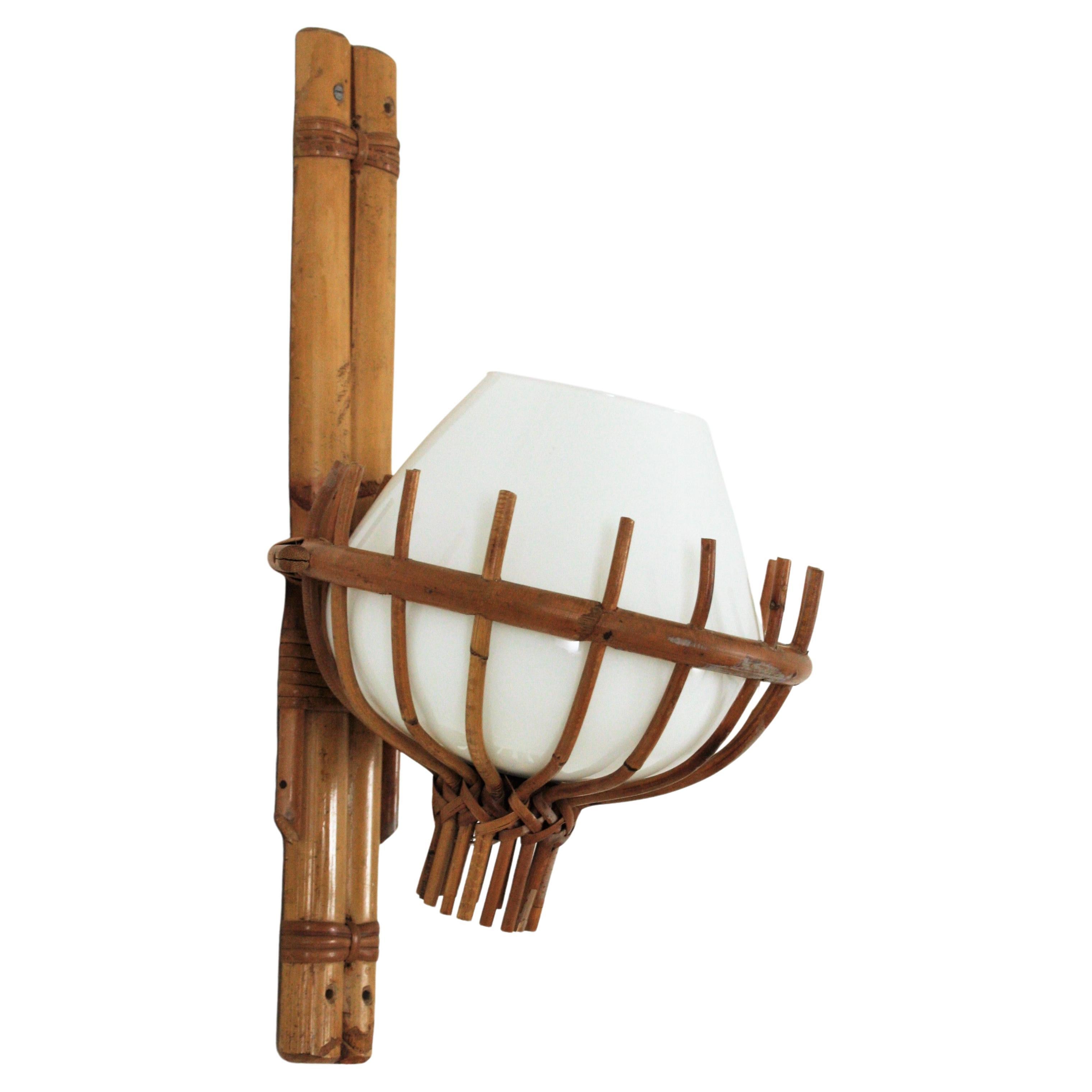 Louis Sognot Bamboo Rattan Wall Sconce with Milk Glass Globe Shade For Sale