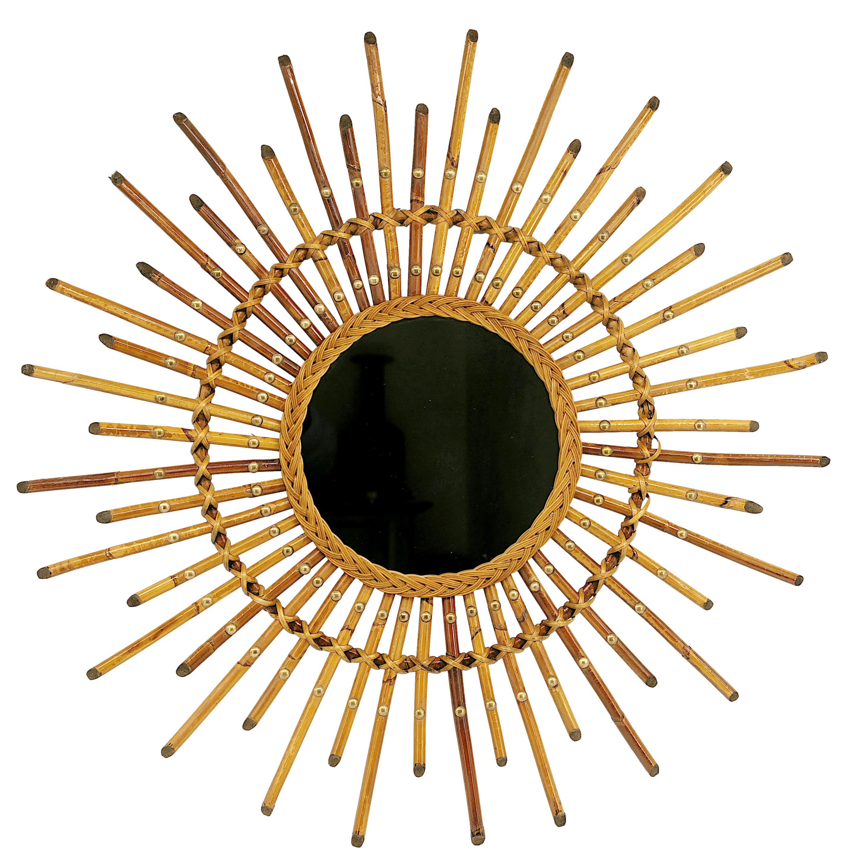 Mid-Century Modern Louis SOGNOT Bamboo Wall Mirror, 1950s For Sale