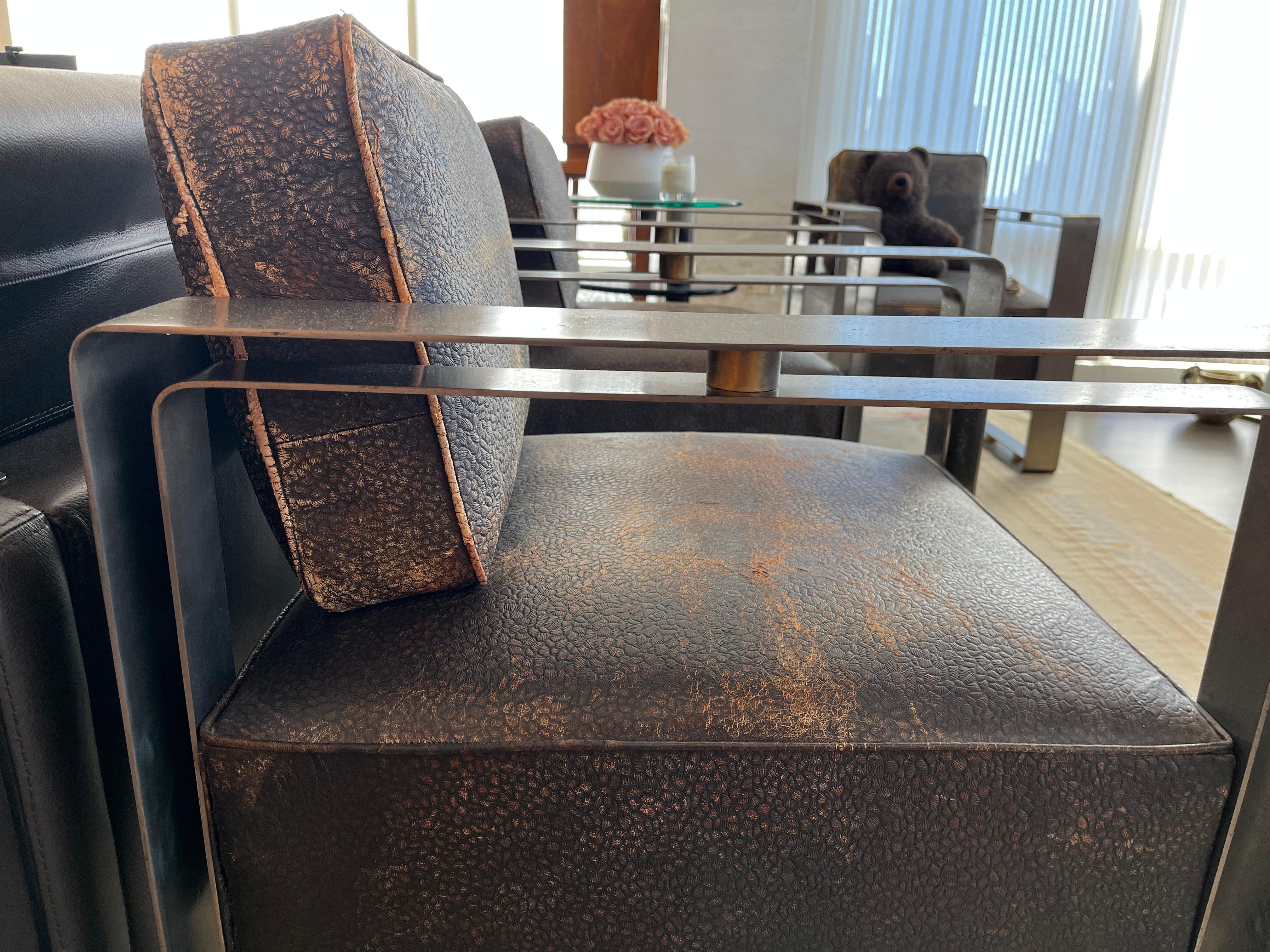 Louis Sognot Brown Leather and Steel Armchairs, 1920's France For Sale 5