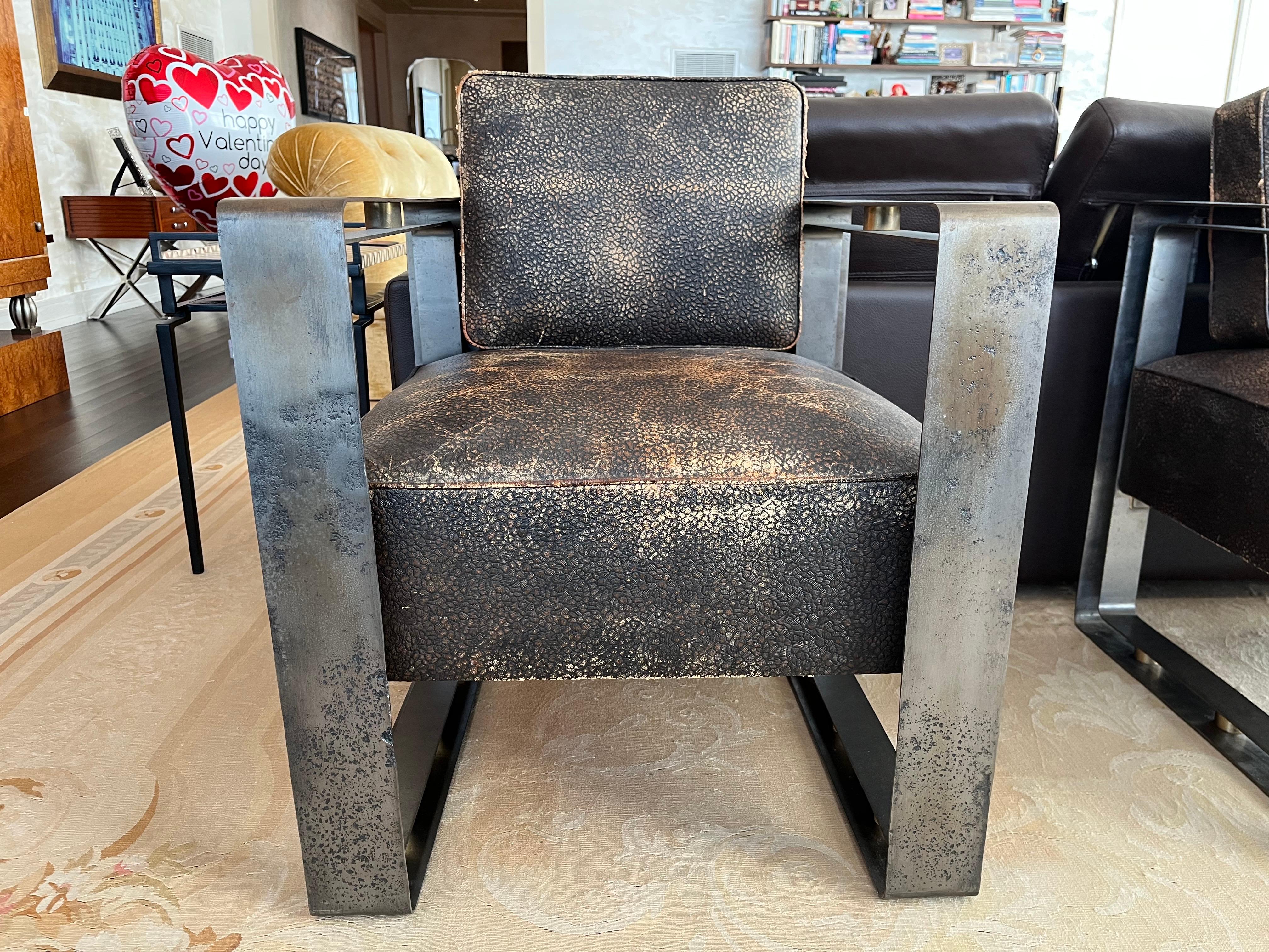 French Louis Sognot Brown Leather and Steel Armchairs, 1920's France For Sale