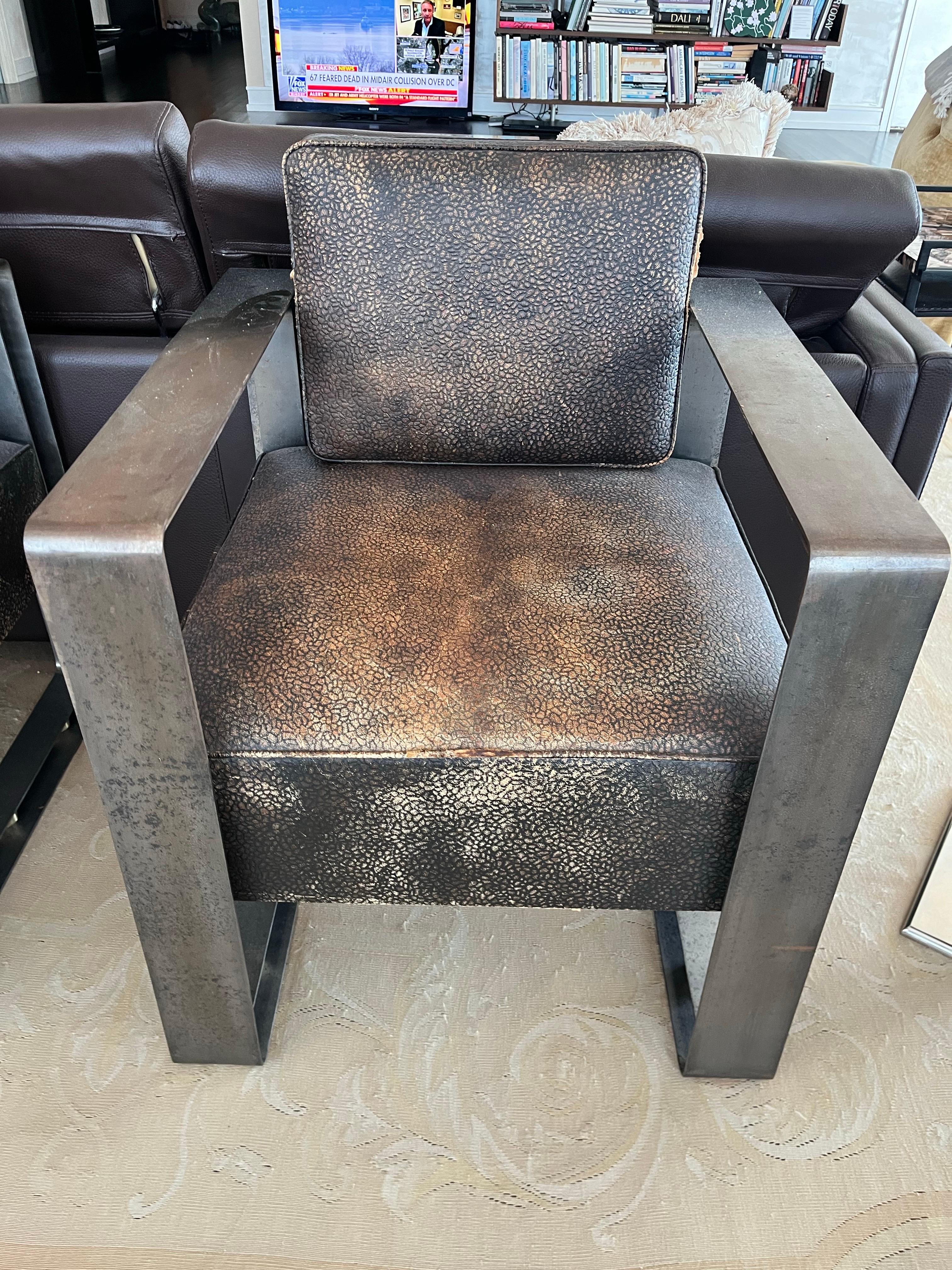 Louis Sognot Brown Leather and Steel Armchairs, 1920's France In Good Condition For Sale In New York, NY