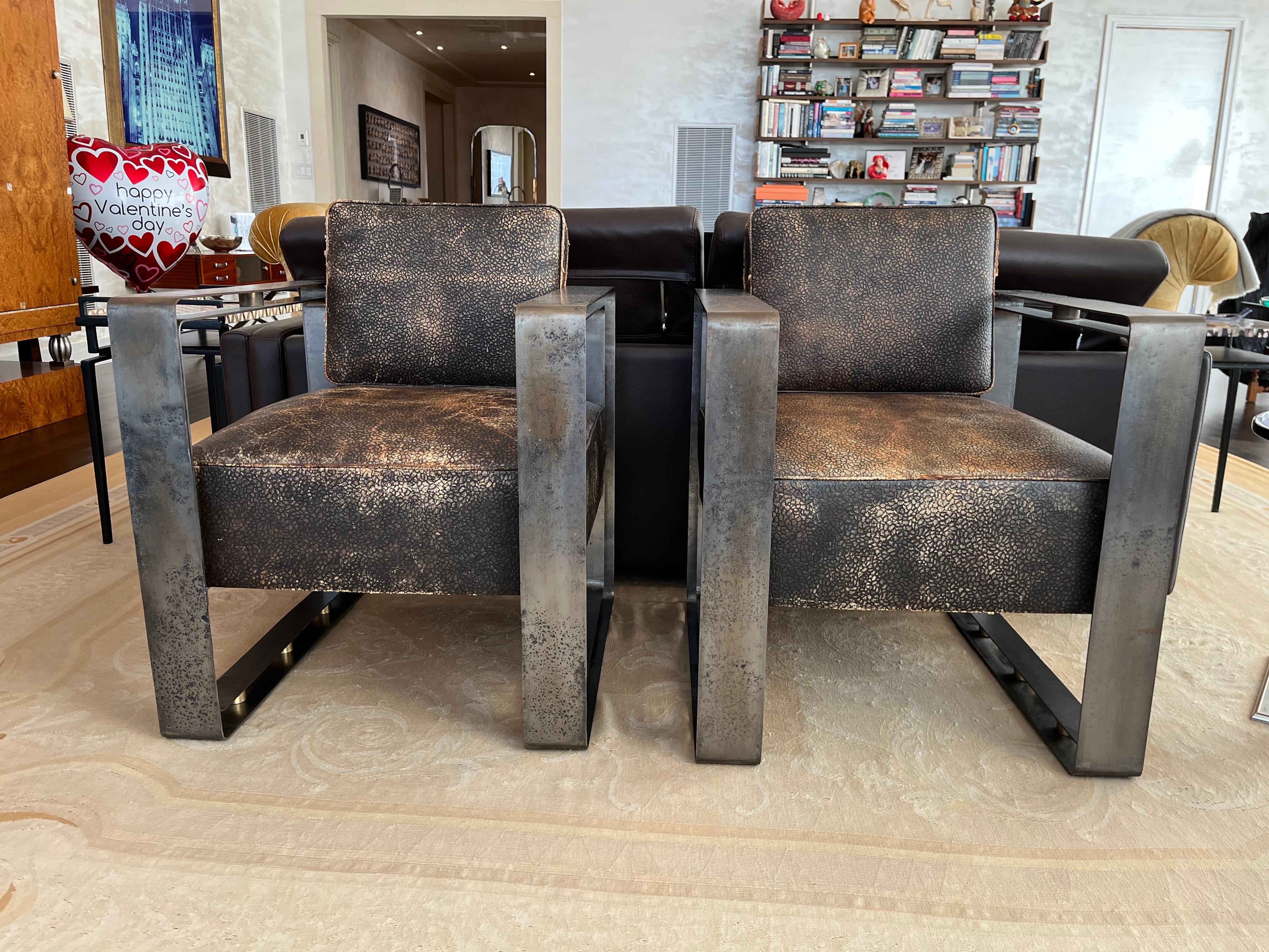 Early 20th Century Louis Sognot Brown Leather and Steel Armchairs, 1920's France For Sale