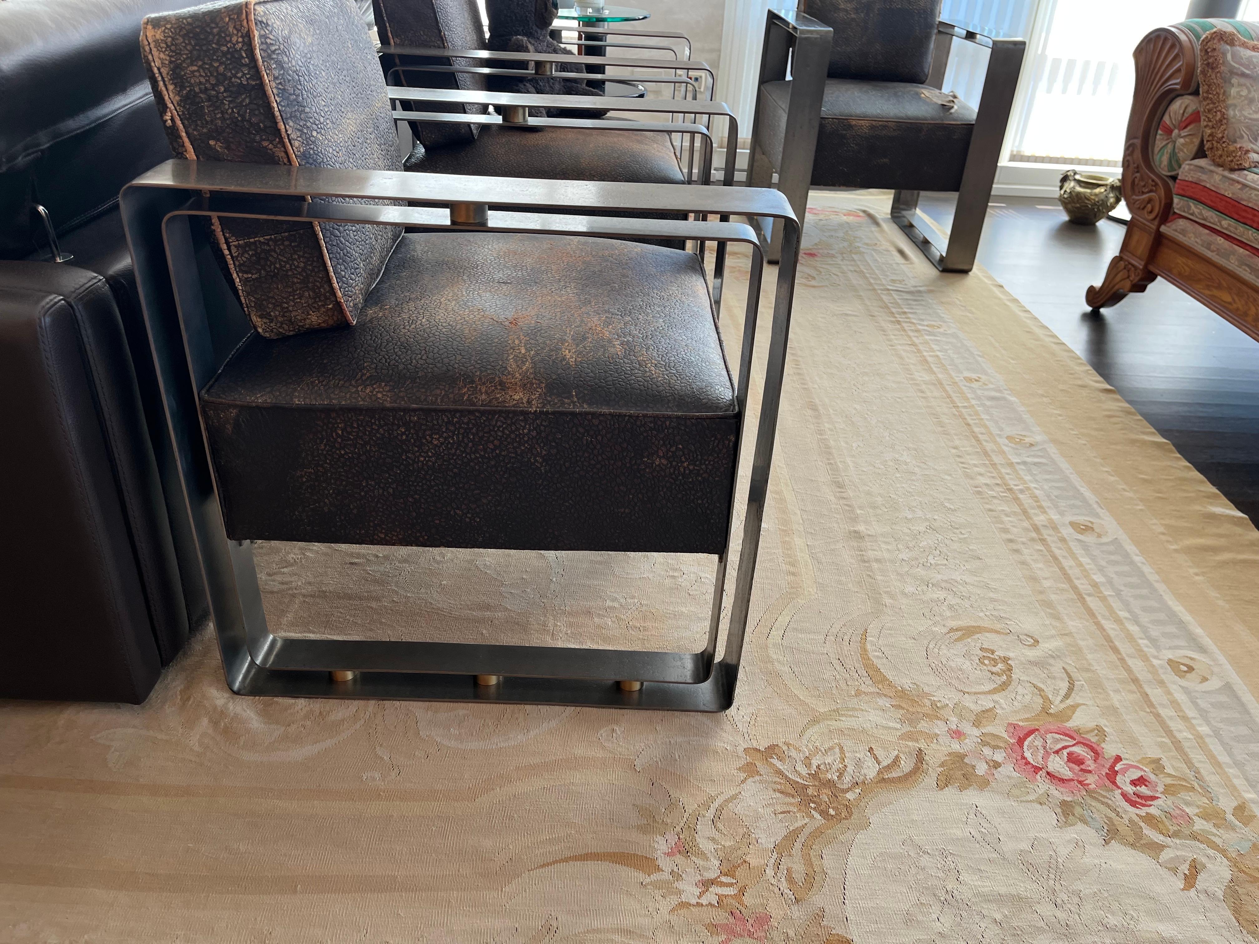 Louis Sognot Brown Leather and Steel Armchairs, 1920's France For Sale 1