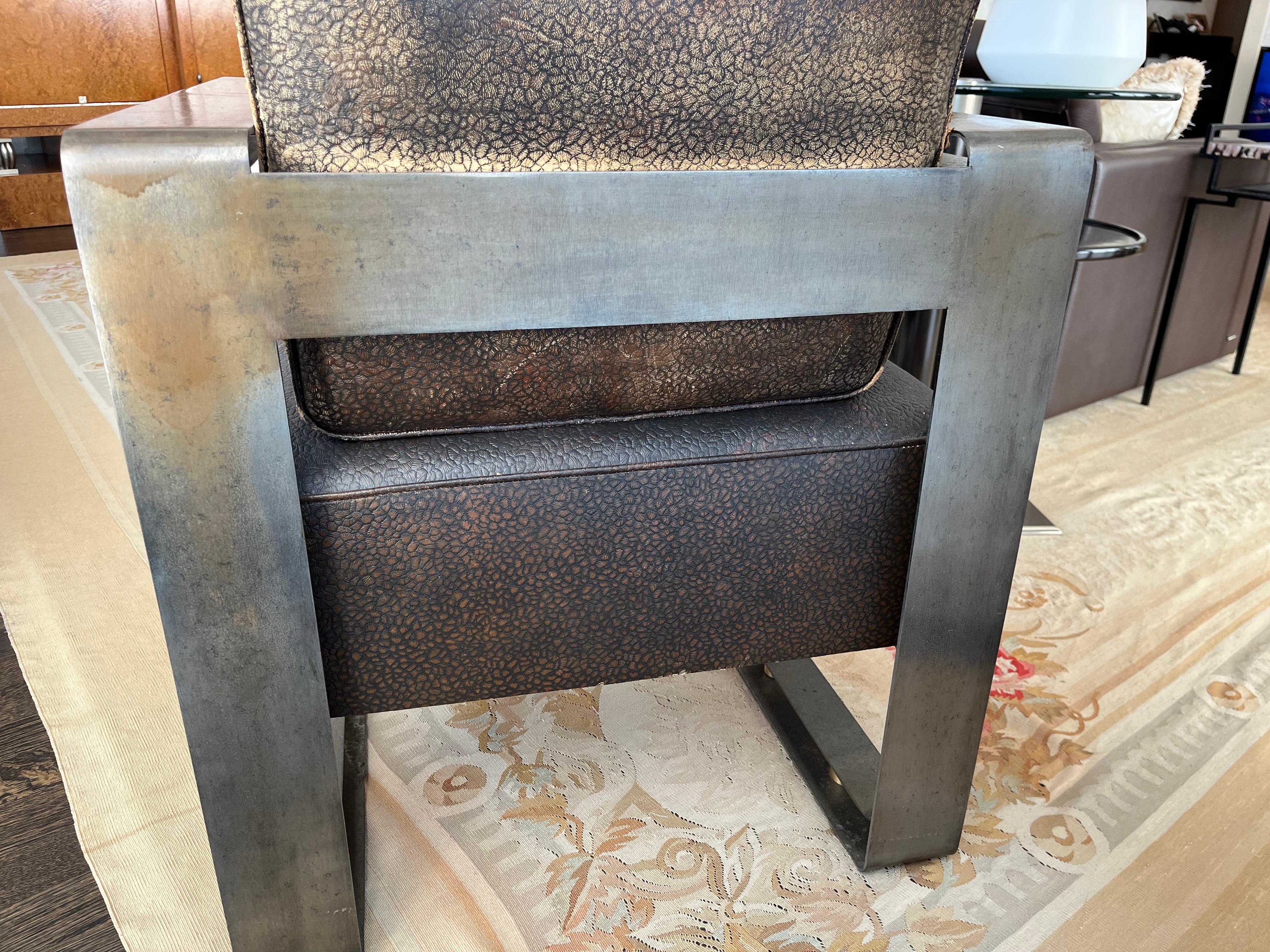 Louis Sognot Brown Leather and Steel Armchairs, 1920's France For Sale 2