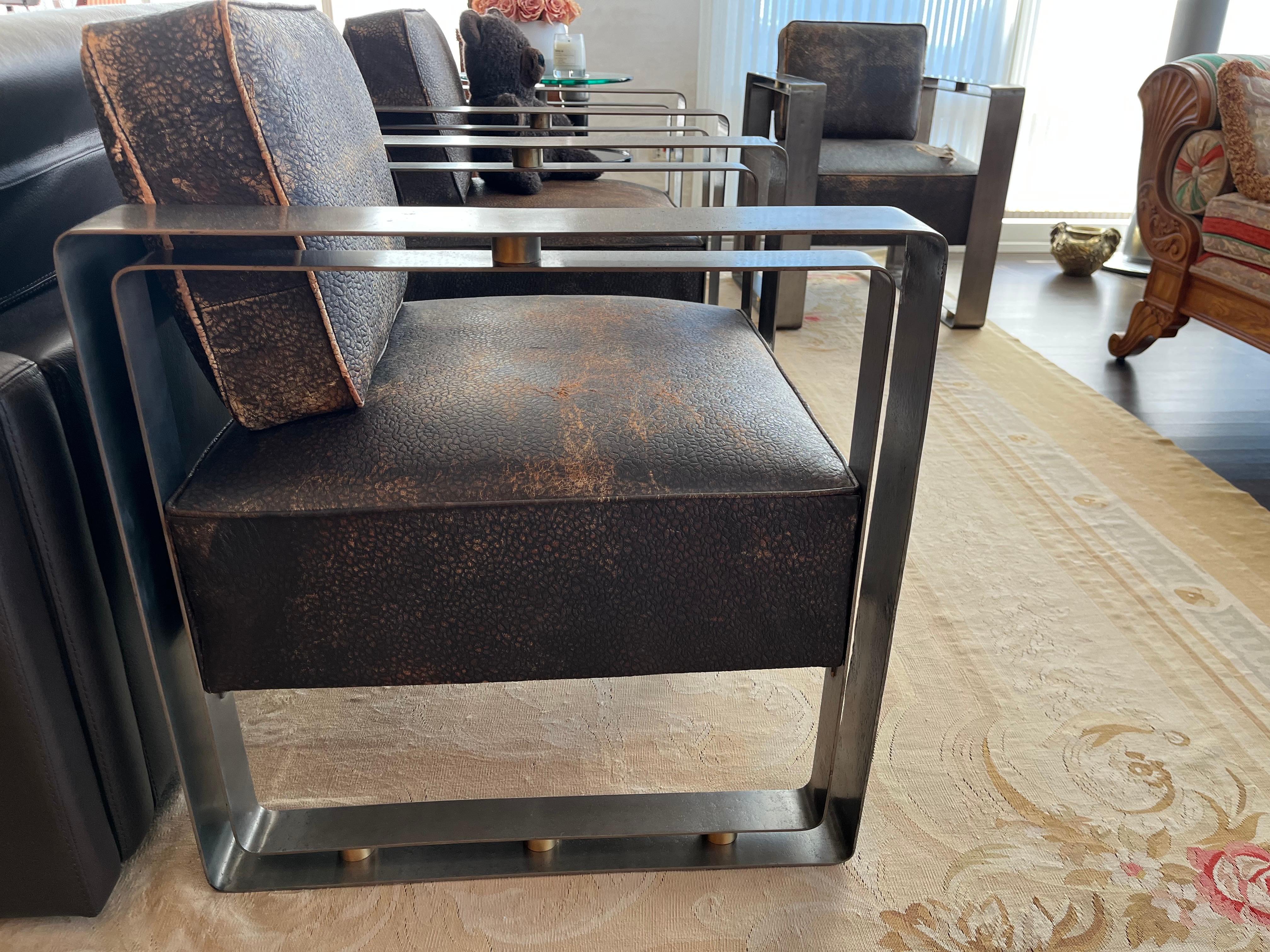 Louis Sognot Brown Leather and Steel Armchairs, 1920's France For Sale 3