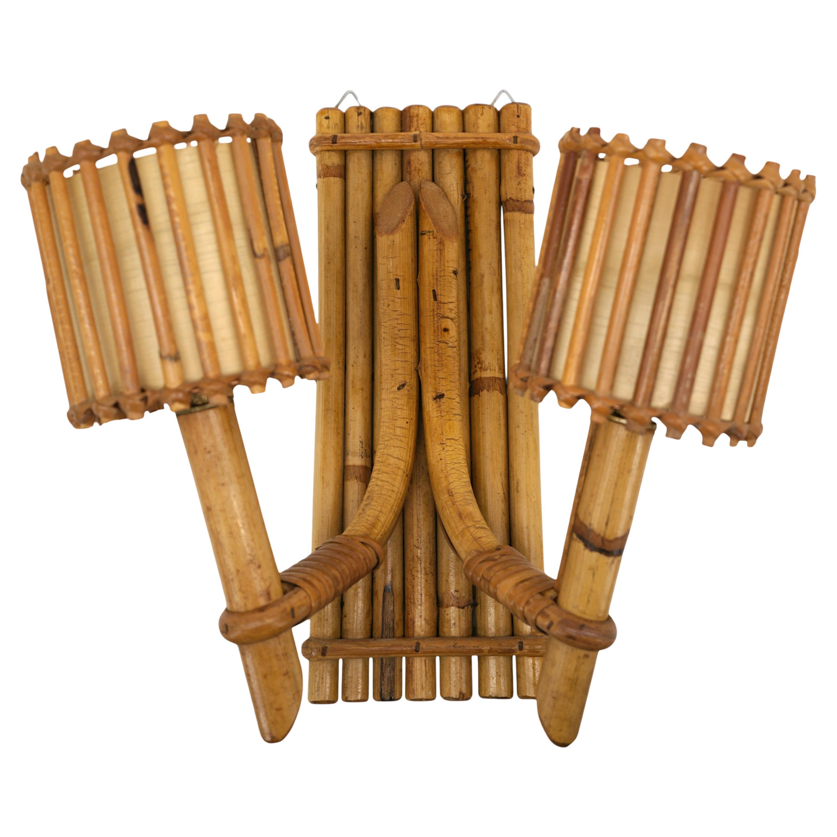 Louis SOGNOT Double Bamboo Wall Sconce, 1950s