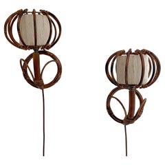 Vintage Louis Sognot French Bamboo & Rattan Sconces - Newly rewired for US with plug