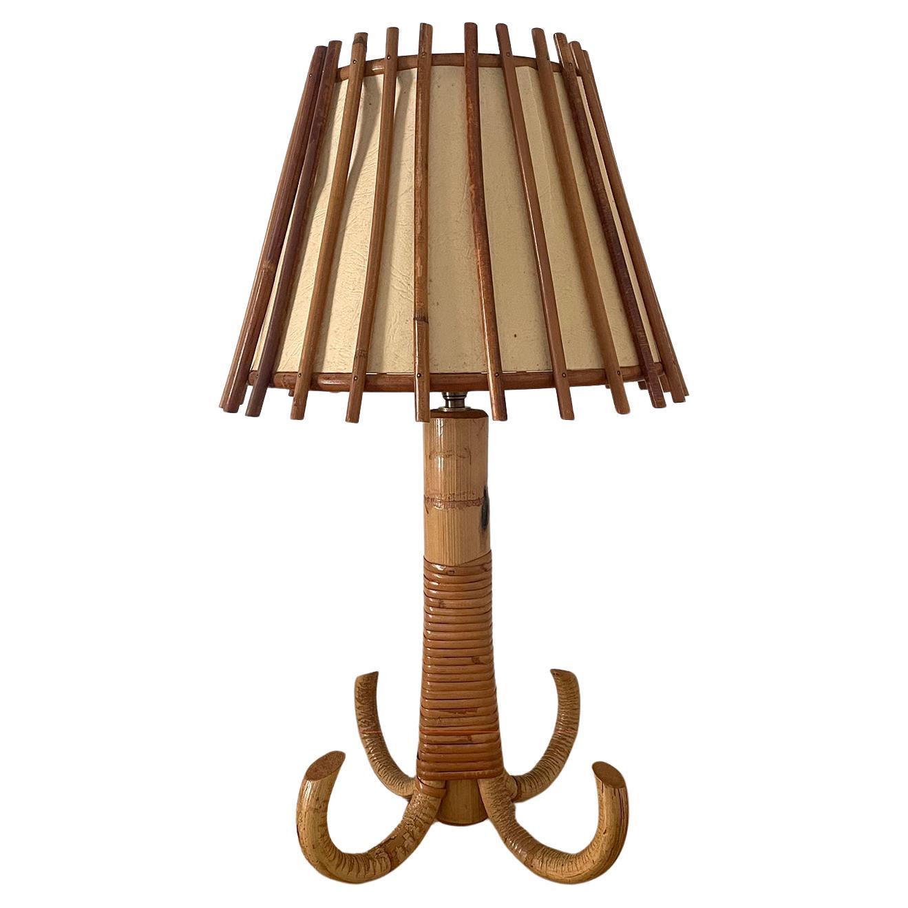 Lampe de table française Louis Sognot en bambou et rotin