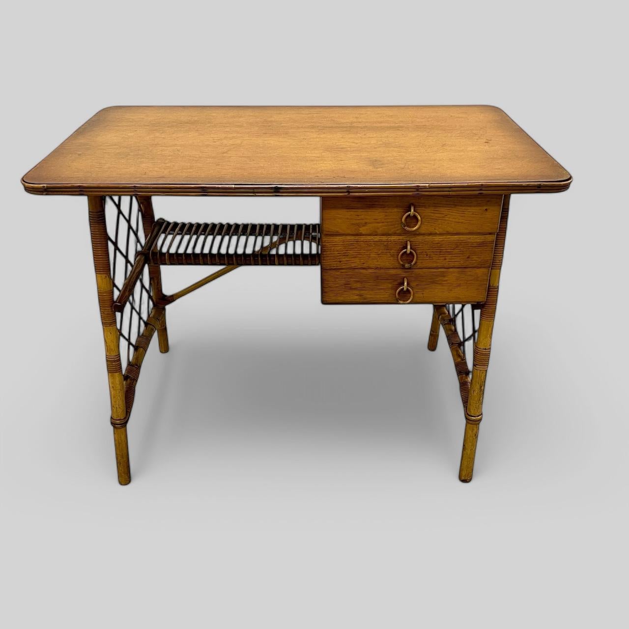 Mid-Century Modern Louis Sognot French Midcentury Bamboo And Oak Topped Desk Or Dressing Table