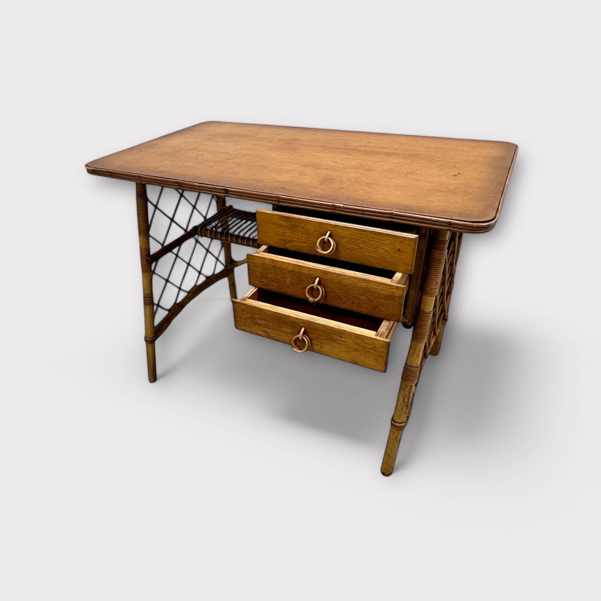 Louis Sognot French Midcentury Bamboo And Oak Topped Desk Or Dressing Table In Good Condition In London, GB