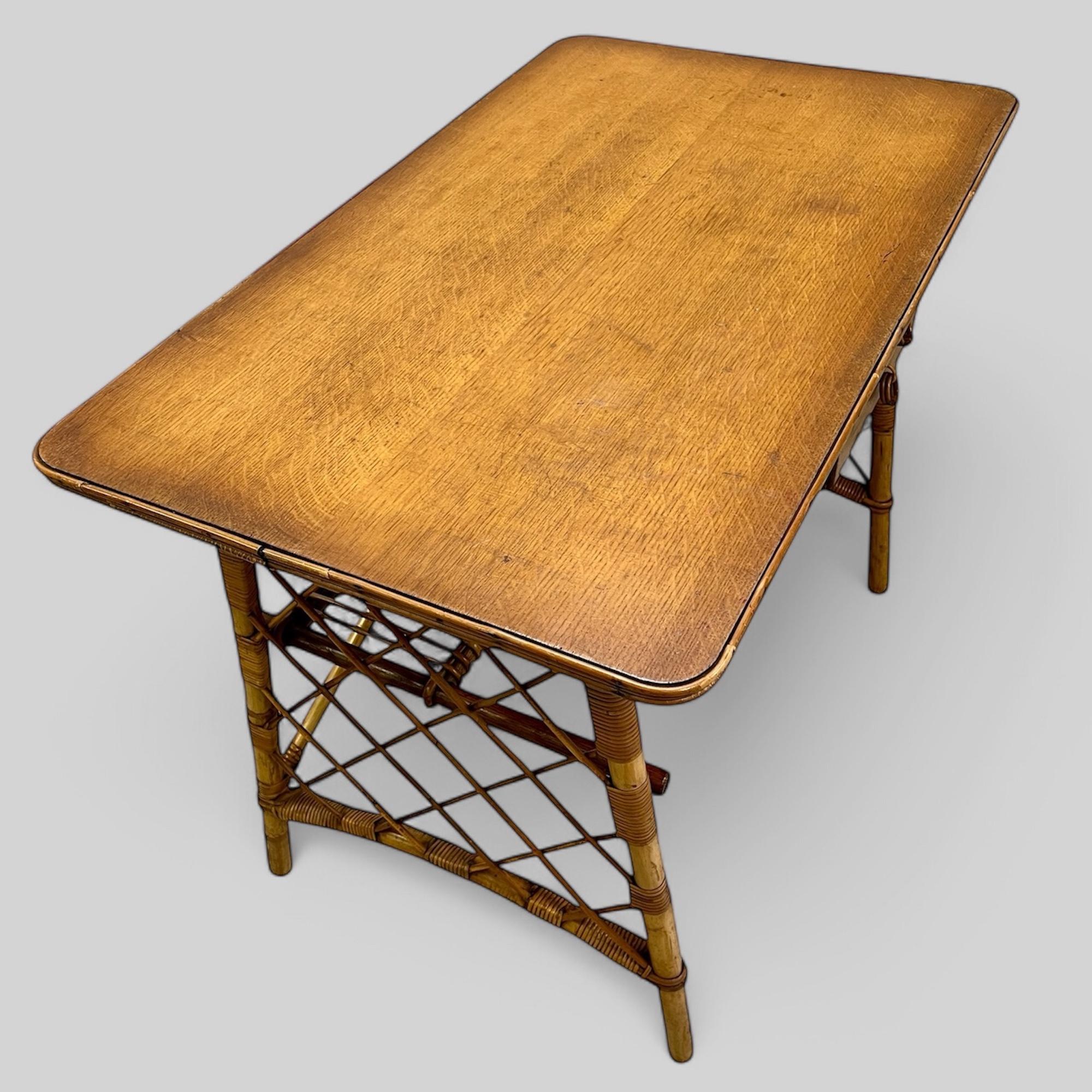 Louis Sognot French Midcentury Bamboo And Oak Topped Desk Or Dressing Table 1