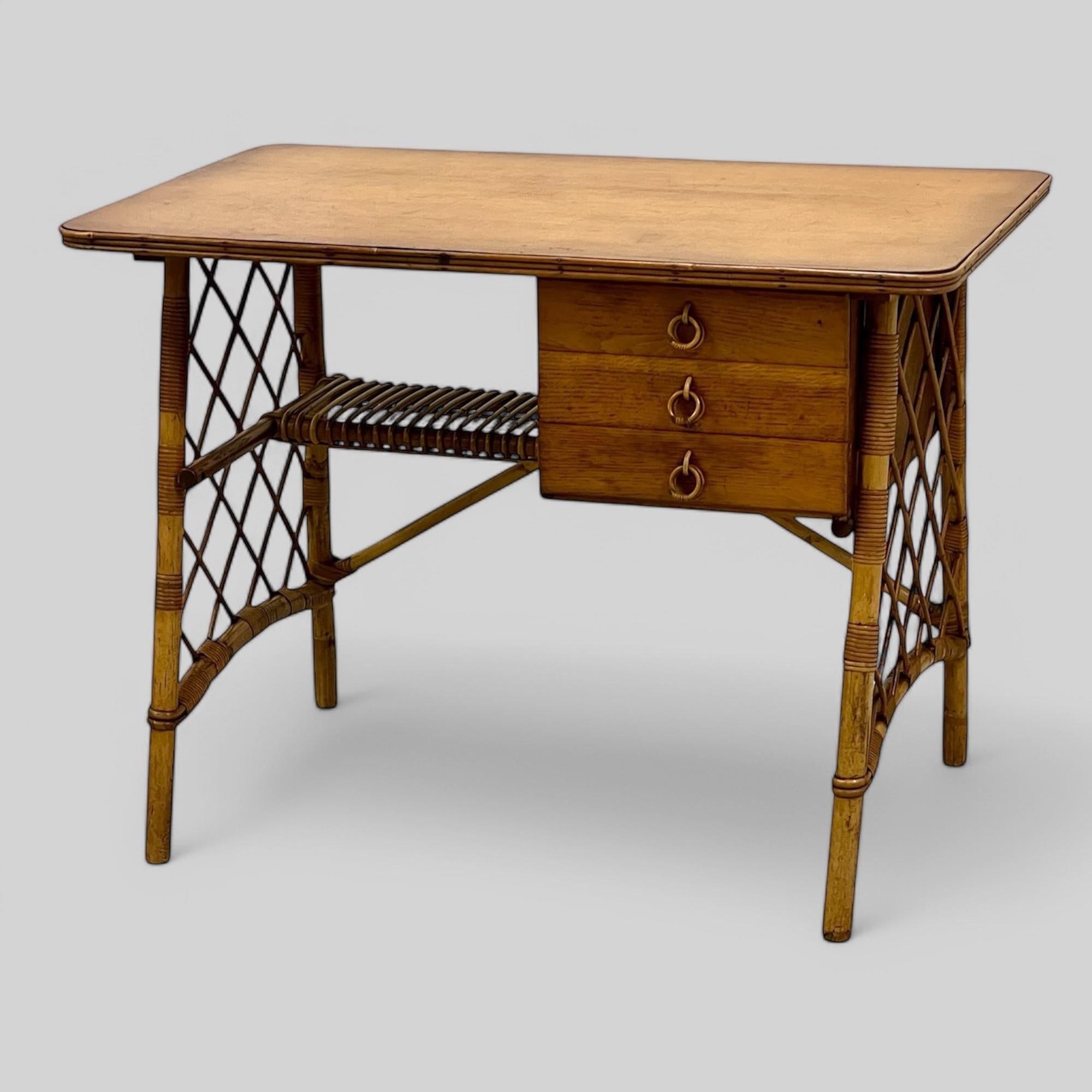 Louis Sognot French Midcentury Bamboo And Oak Topped Desk Or Dressing Table 2