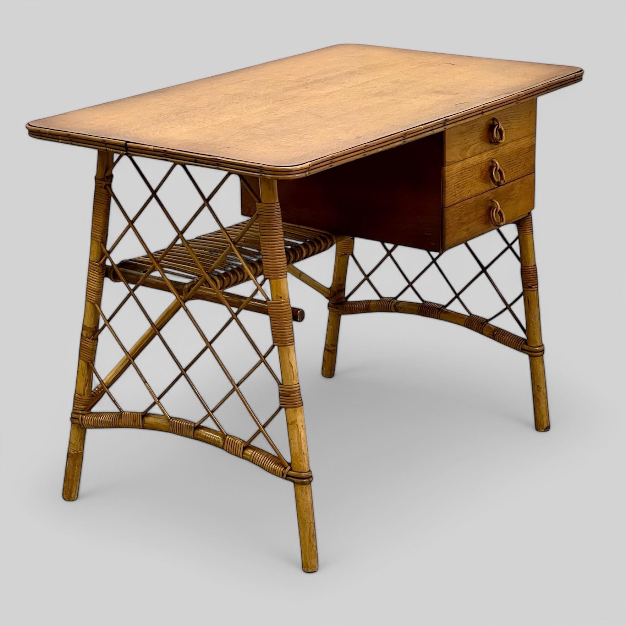 Louis Sognot French Midcentury Bamboo And Oak Topped Desk Or Dressing Table 3