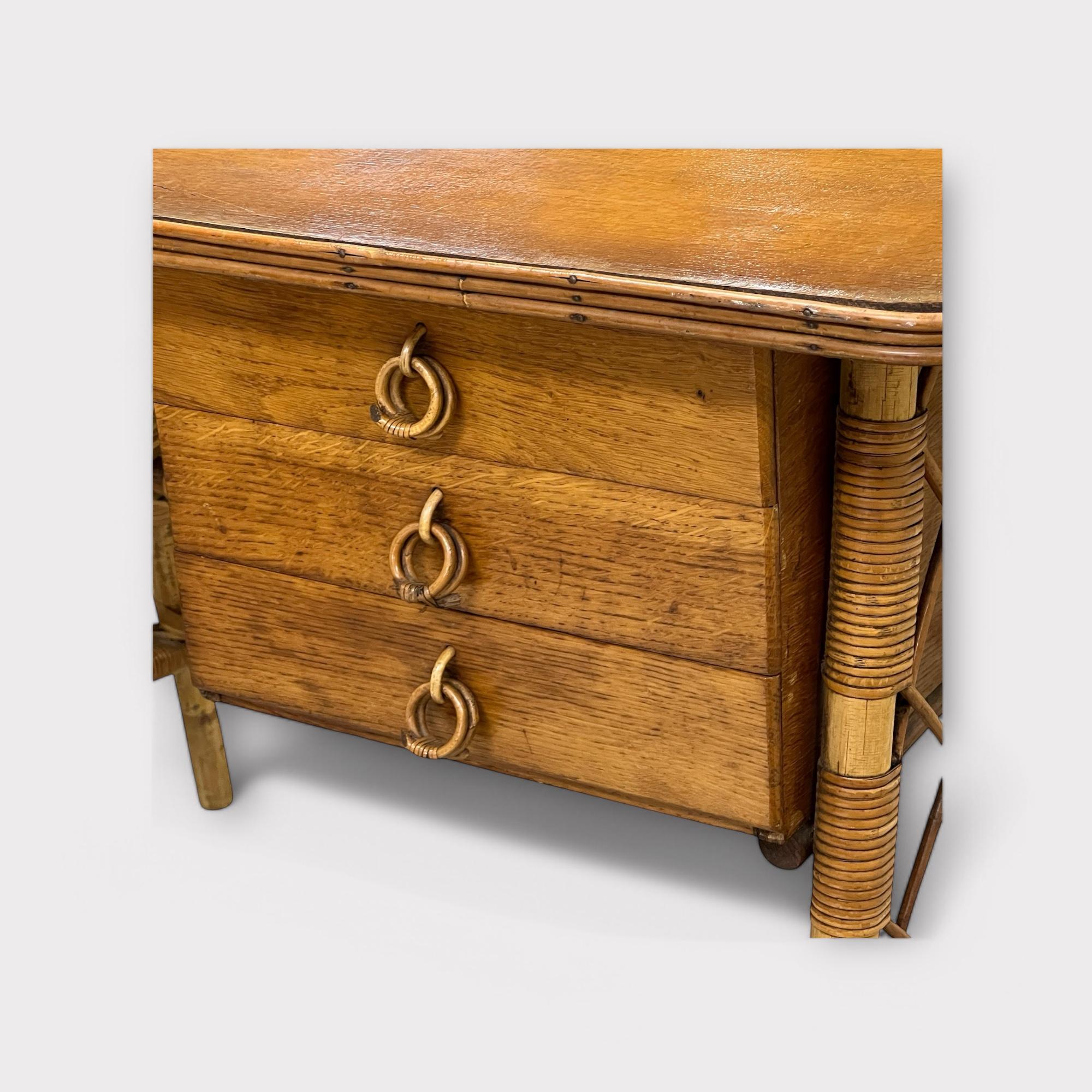 Louis Sognot French Midcentury Bamboo And Oak Topped Desk Or Dressing Table 4