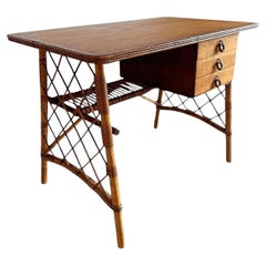 Louis Sognot French Midcentury Bamboo And Oak Topped Desk Or Dressing Table