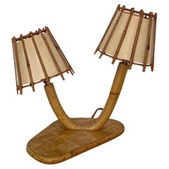Vintage Louis Sognot French Rattan & Bamboo Double Light Table Lamp