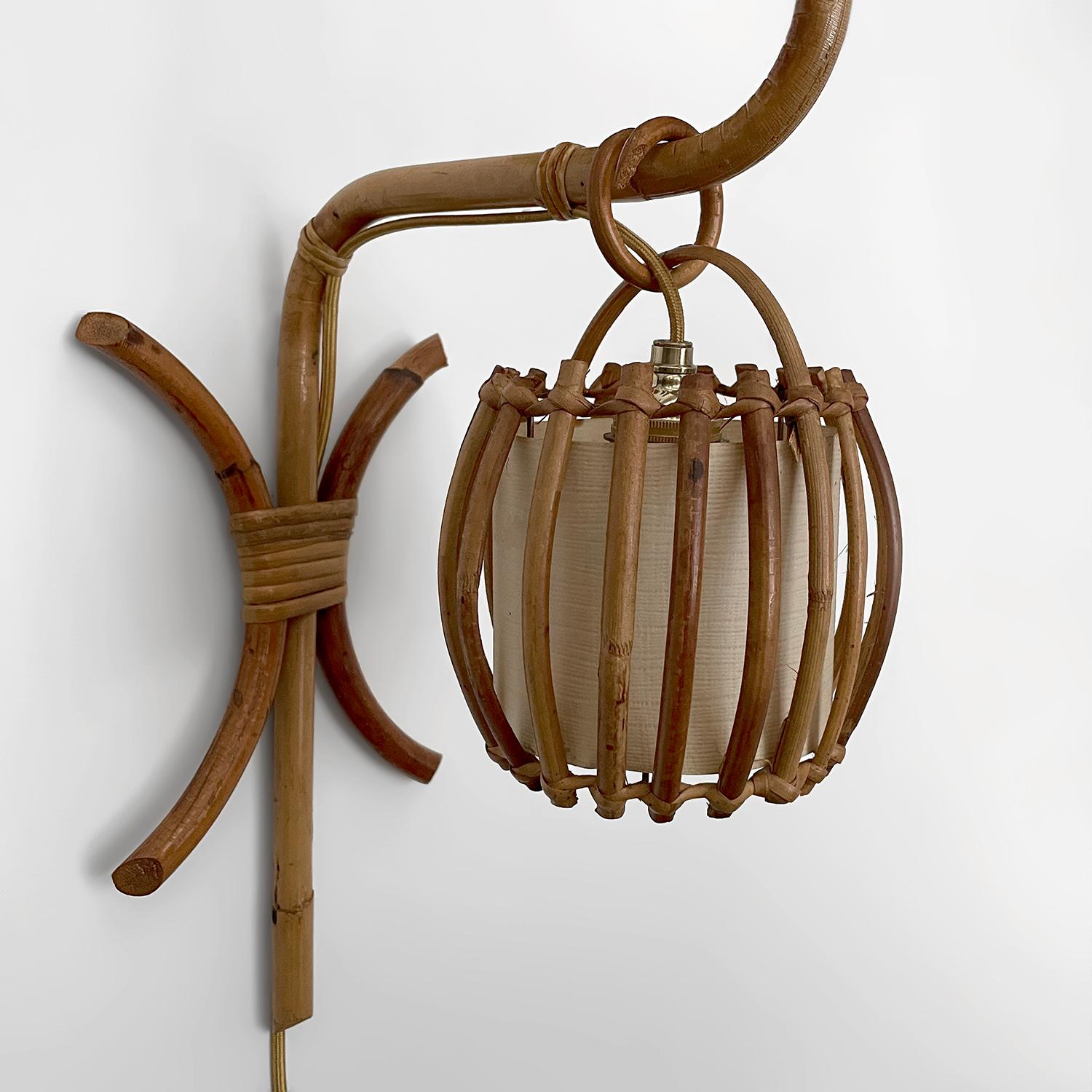 Louis Sognot French Rattan Single Lantern Sconce In Good Condition For Sale In Los Angeles, CA