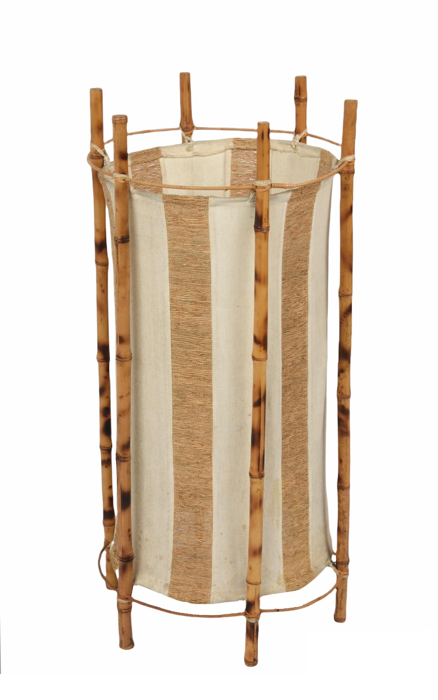 Louis Sognot Midcentury Cotton, Bamboo and Rattan Italian Floor Lamp, 1950s For Sale 2