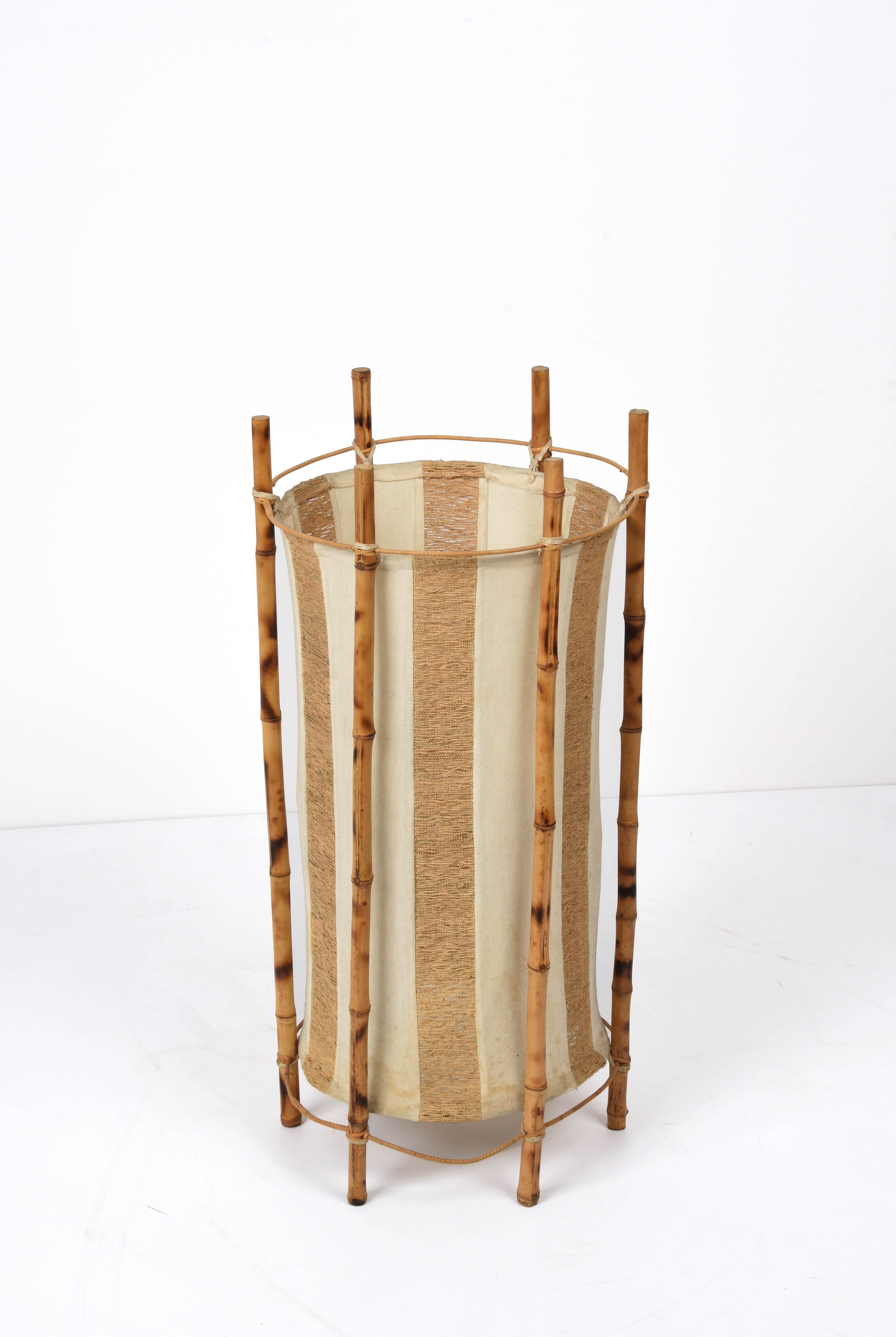 Louis Sognot Midcentury Cotton, Bamboo and Rattan Italian Floor Lamp, 1950s For Sale 3