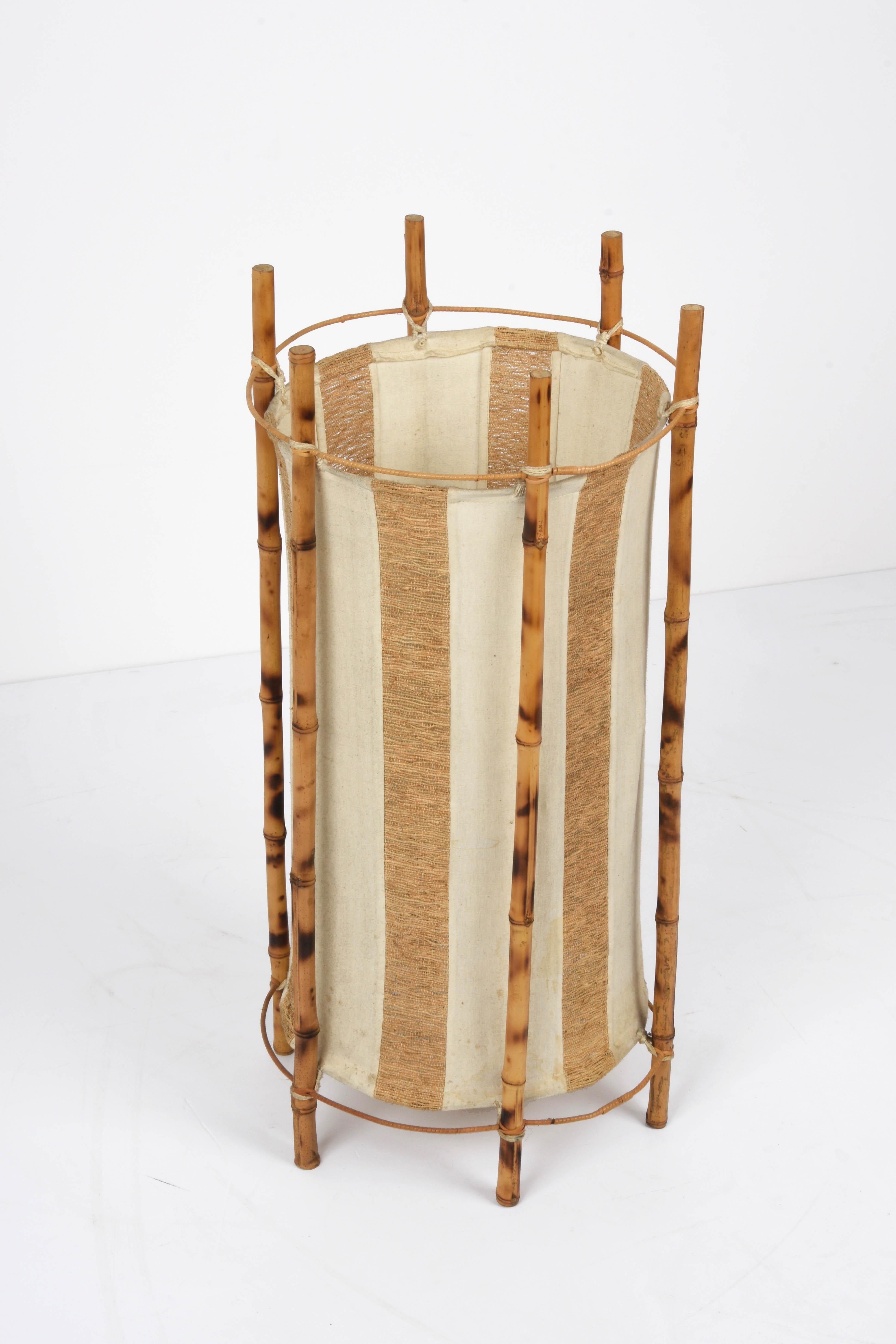 Louis Sognot Midcentury Cotton, Bamboo and Rattan Italian Floor Lamp, 1950s For Sale 4