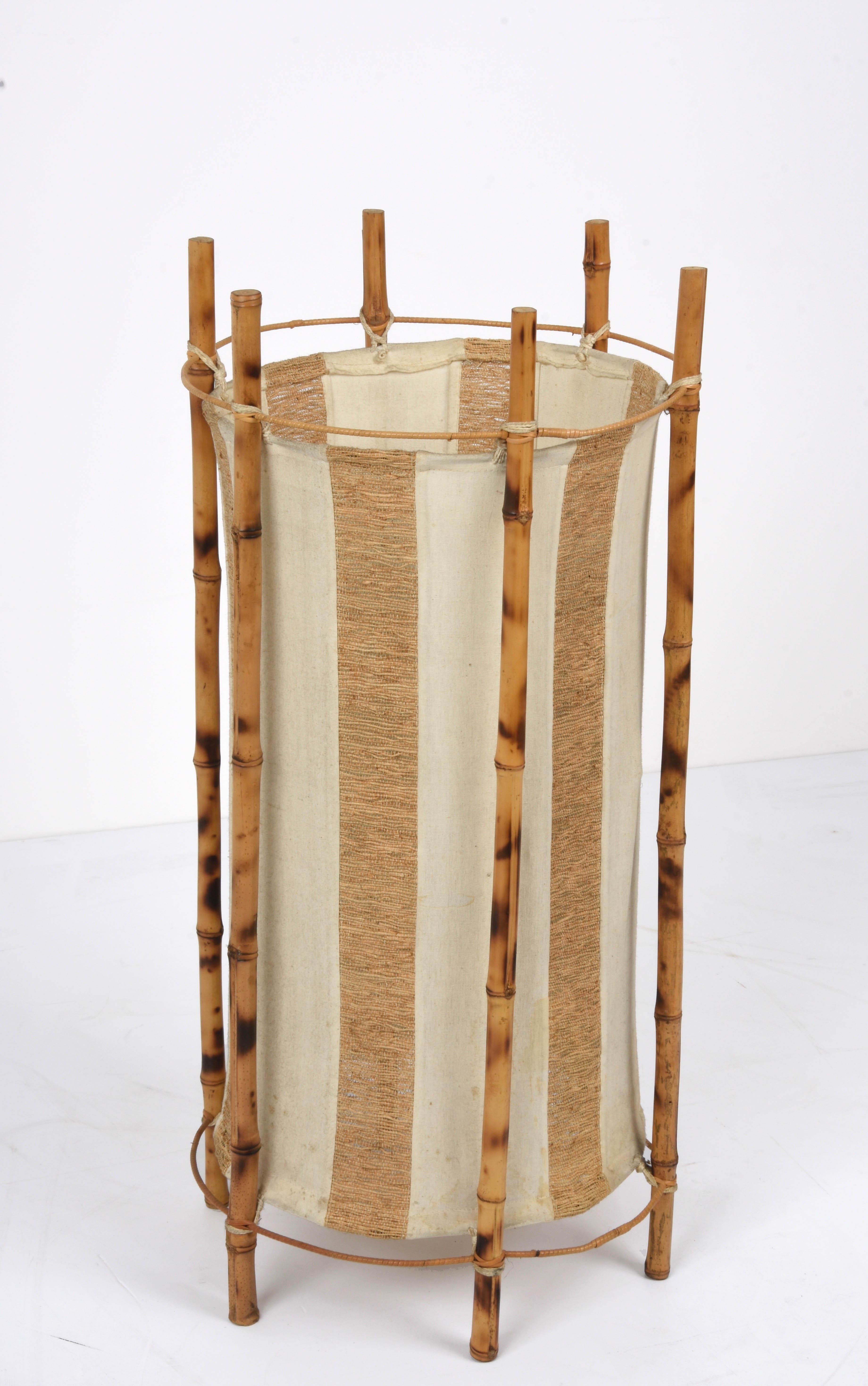 Louis Sognot Midcentury Cotton, Bamboo and Rattan Italian Floor Lamp, 1950s For Sale 5