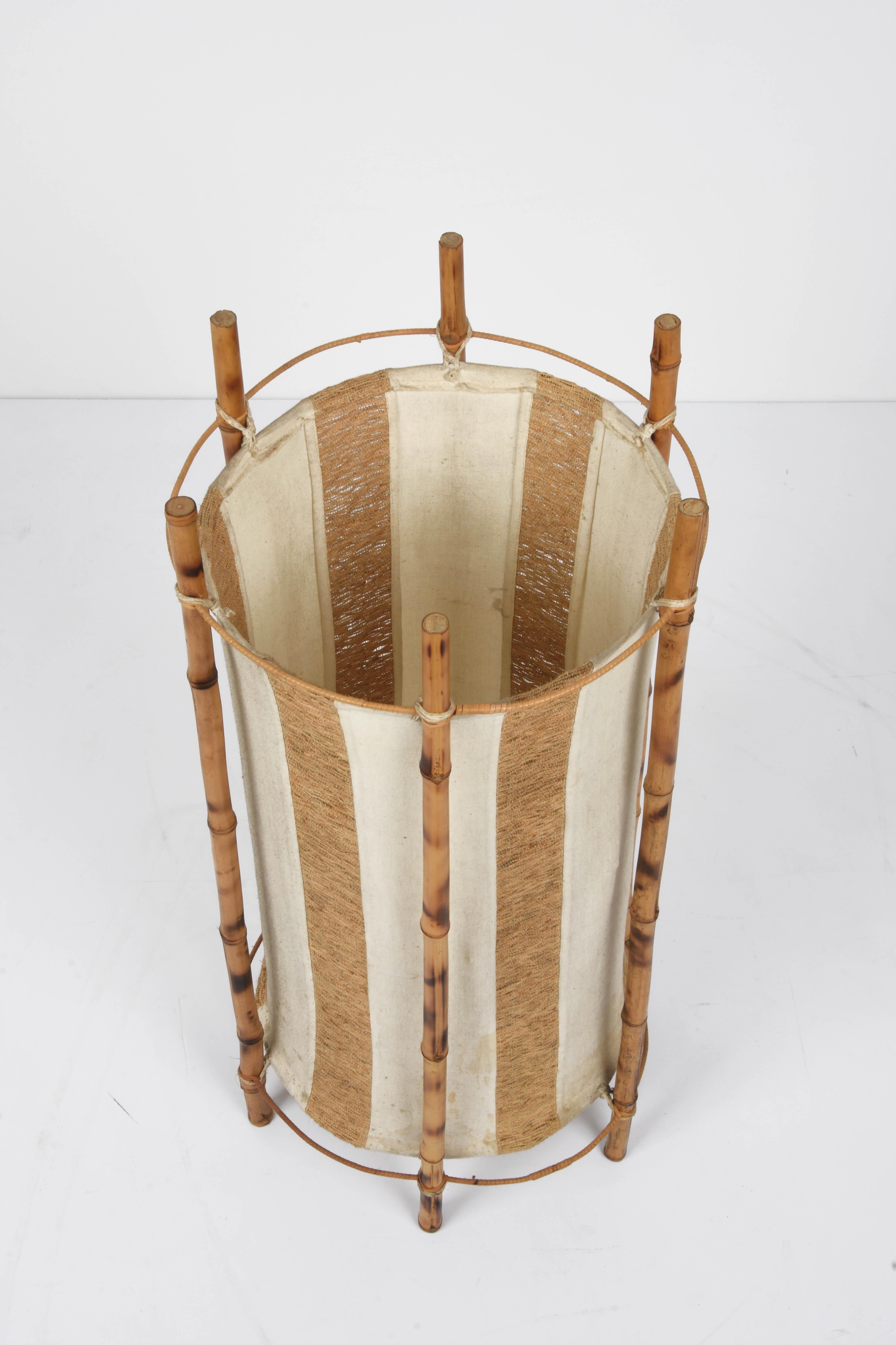 Louis Sognot Midcentury Cotton, Bamboo and Rattan Italian Floor Lamp, 1950s For Sale 6