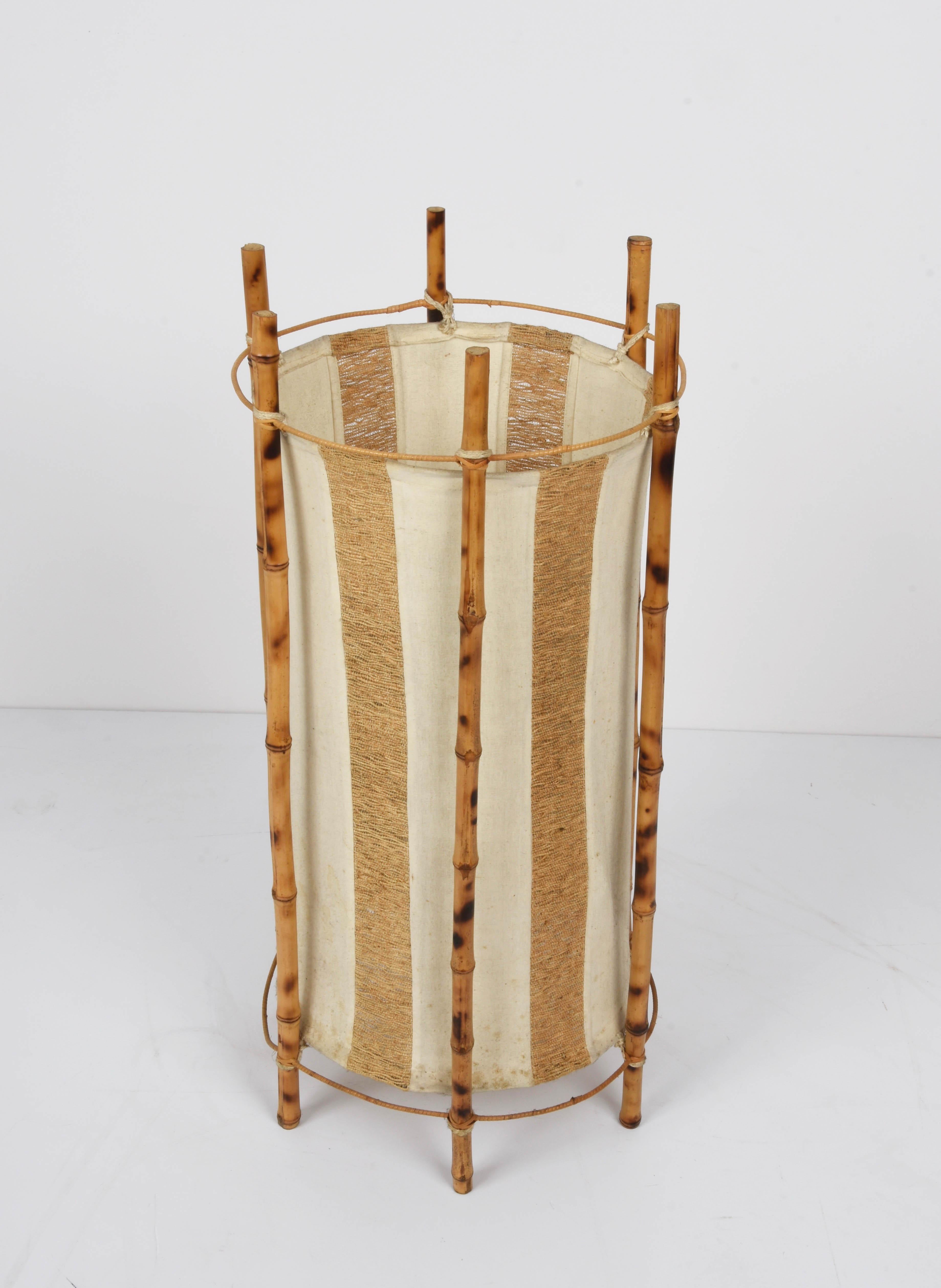 Louis Sognot Midcentury Cotton, Bamboo and Rattan Italian Floor Lamp, 1950s For Sale 7