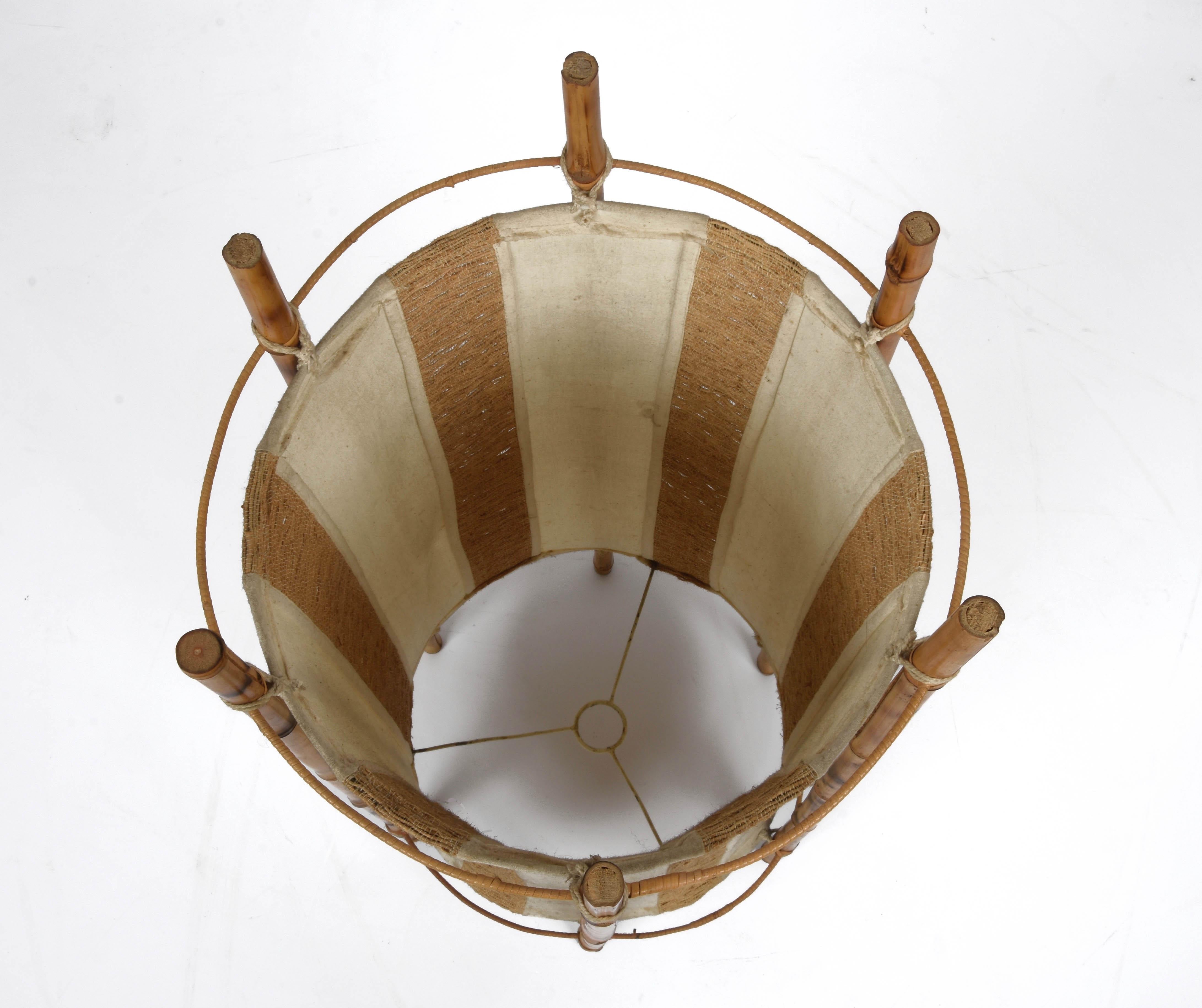 Louis Sognot Midcentury Cotton, Bamboo and Rattan Italian Floor Lamp, 1950s In Good Condition For Sale In Roma, IT